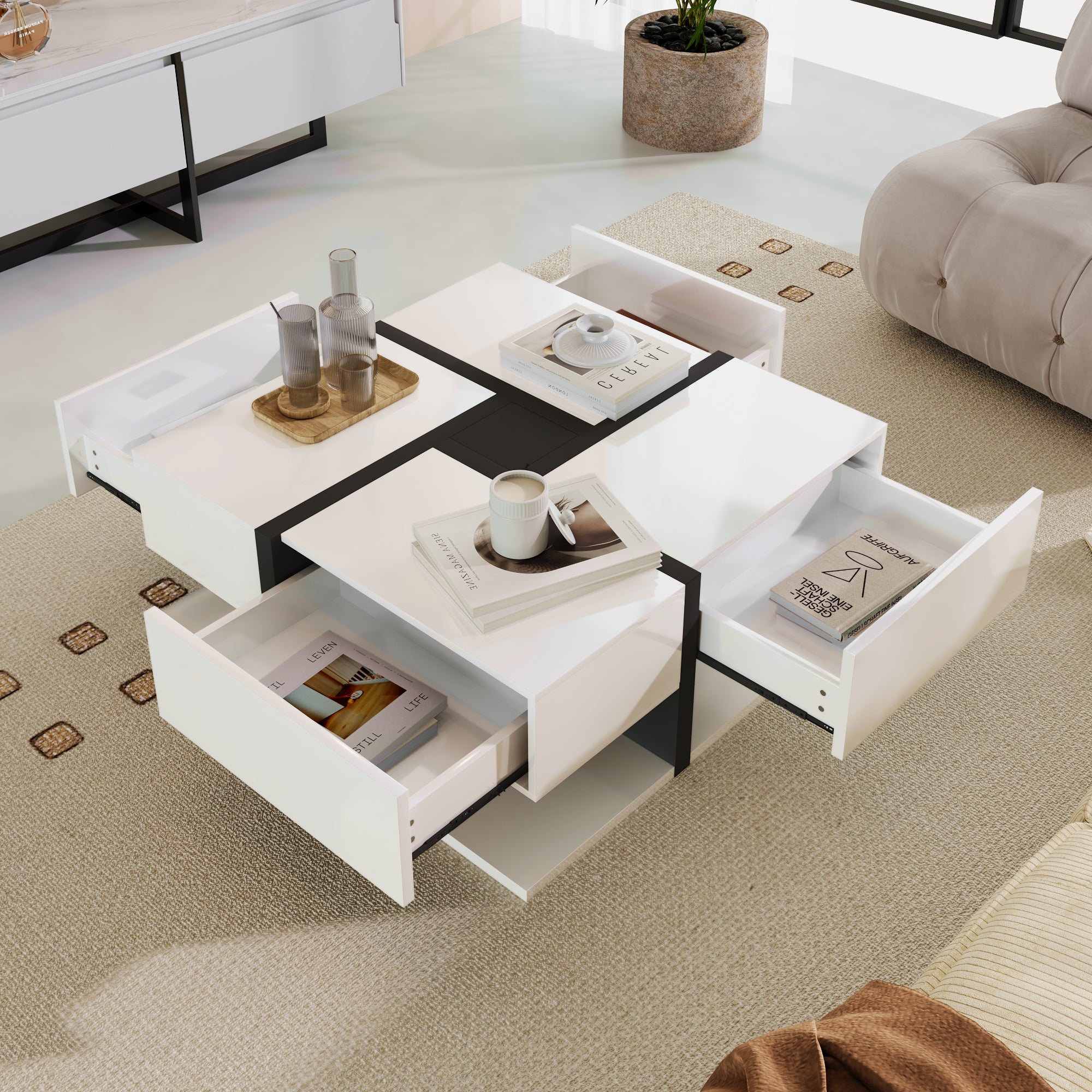 Coffee Table, High-Gloss with 4 Drawers, Linear Design