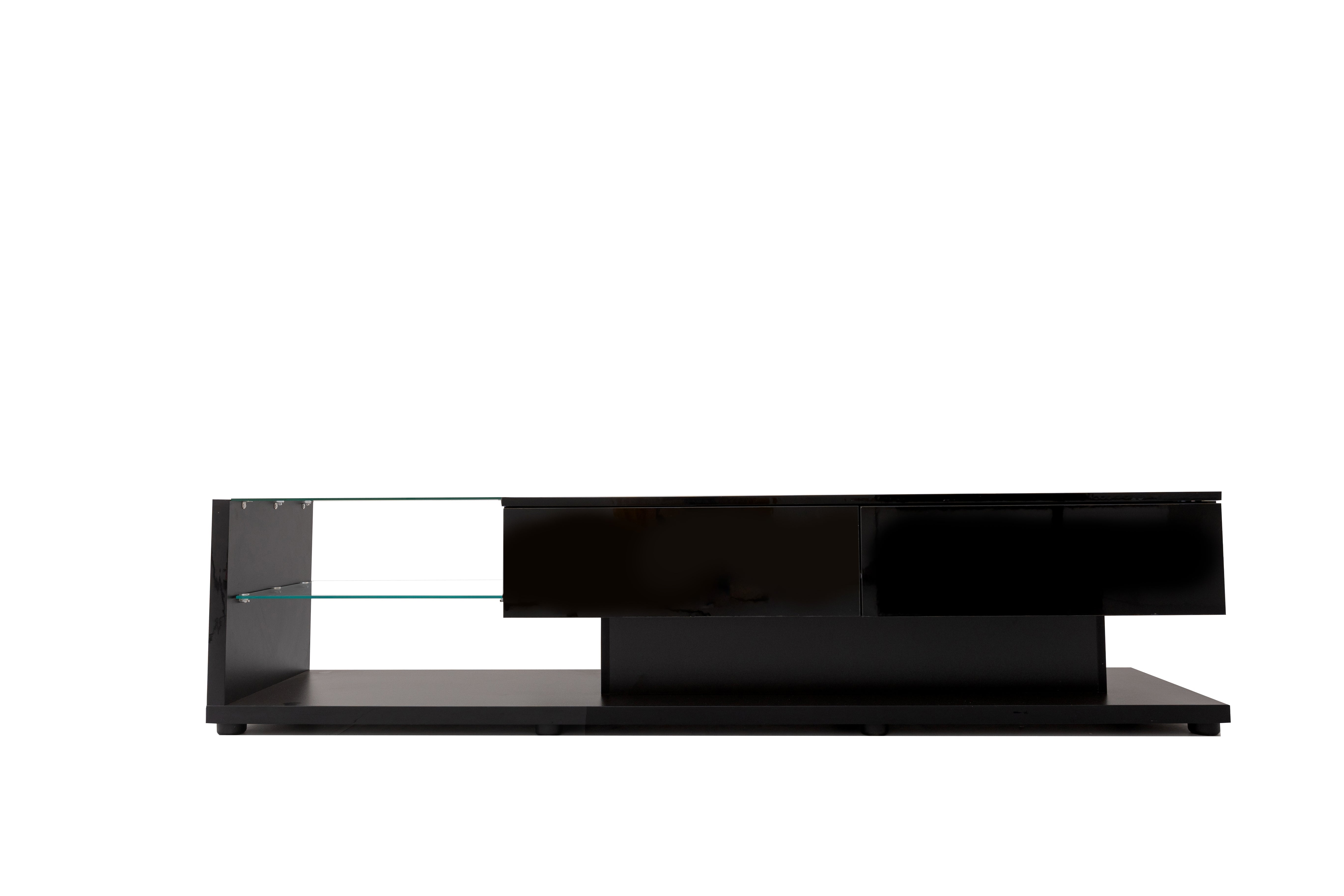 TV Cabinet, High-Gloss with Glass Partitions & LED Lighting, Rustic/Modern Design