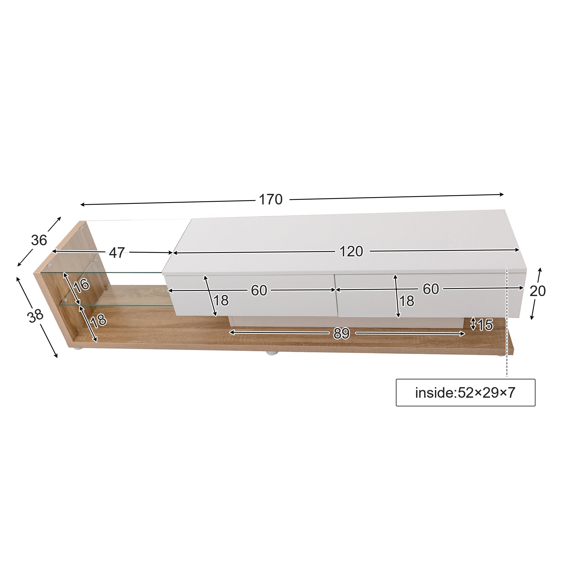 TV Cabinet Lowboard, LED Lighting Glass Partition, High-Gloss White and Wood
