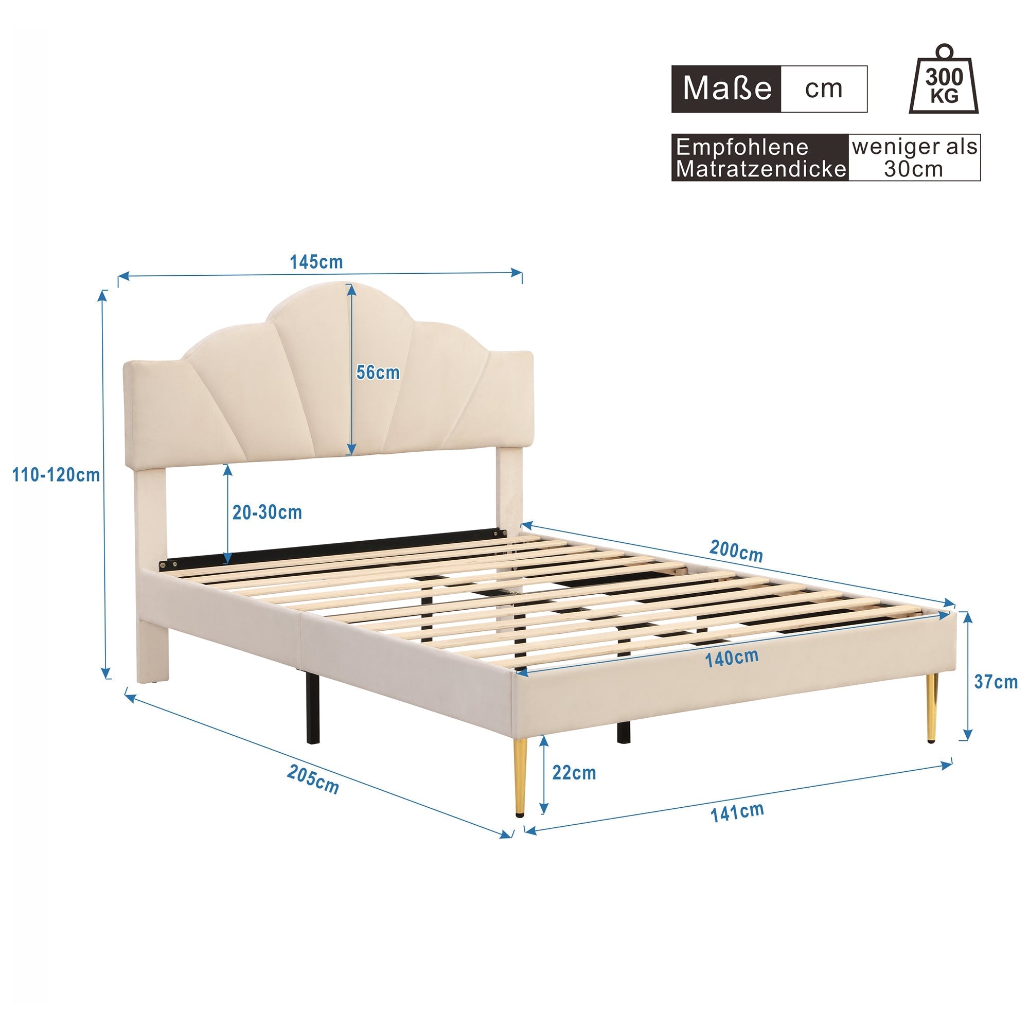 Shell-Shaped Upholstered Double Bed with Golden Legs and Slatted Base, 140x200 cm, Beige Velvet