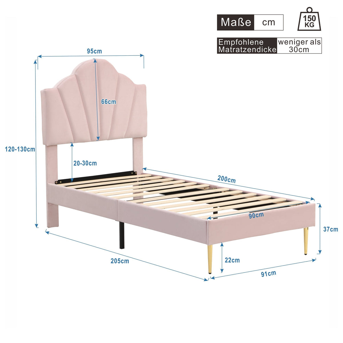 Velvet Upholstered Bed 90x200cm Shell Adjustable Headboard Golden Legs - Pink