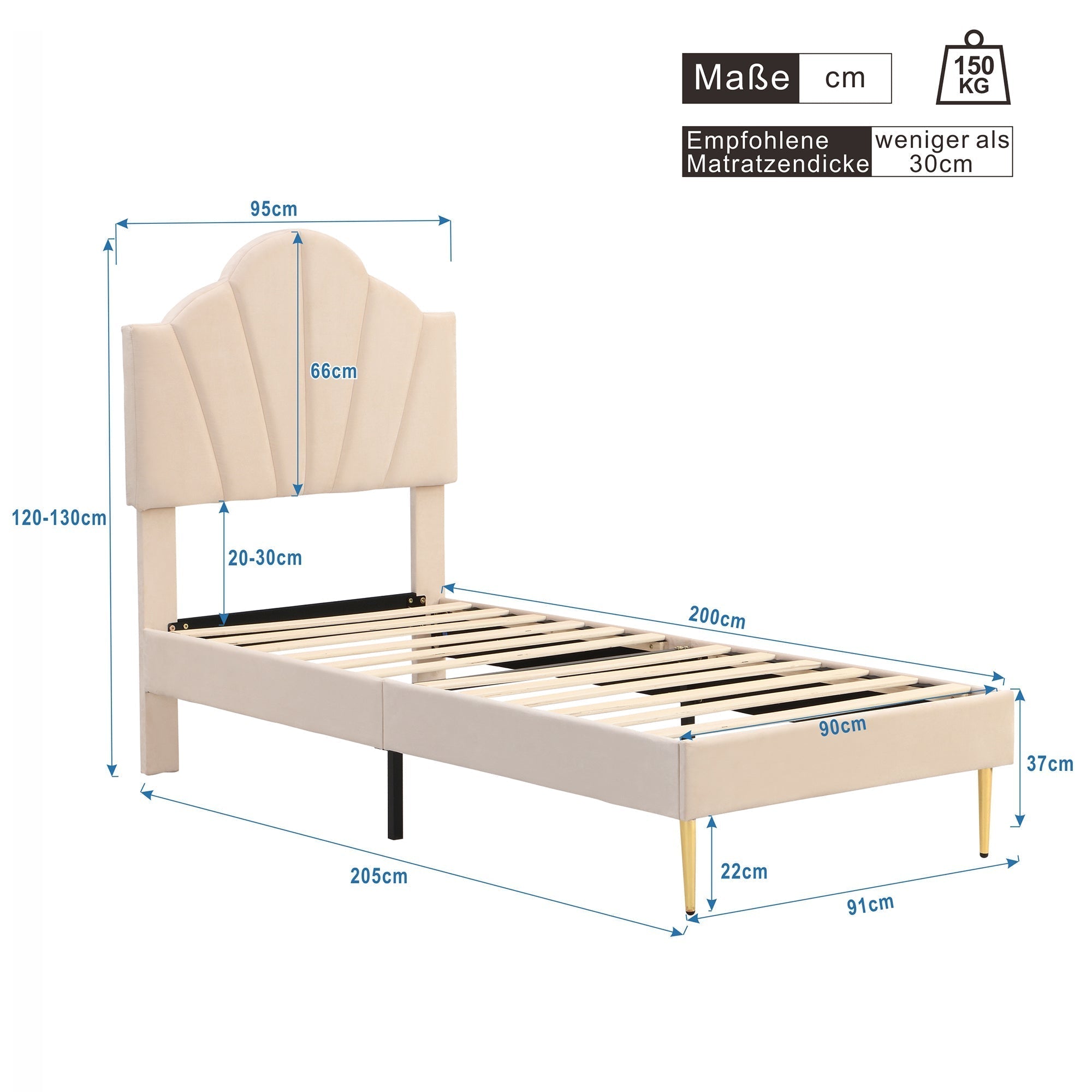 Upholstered Bed 90x200cm Shell Headboard Height-Adjustable Golden Iron Legs Velvet Beige