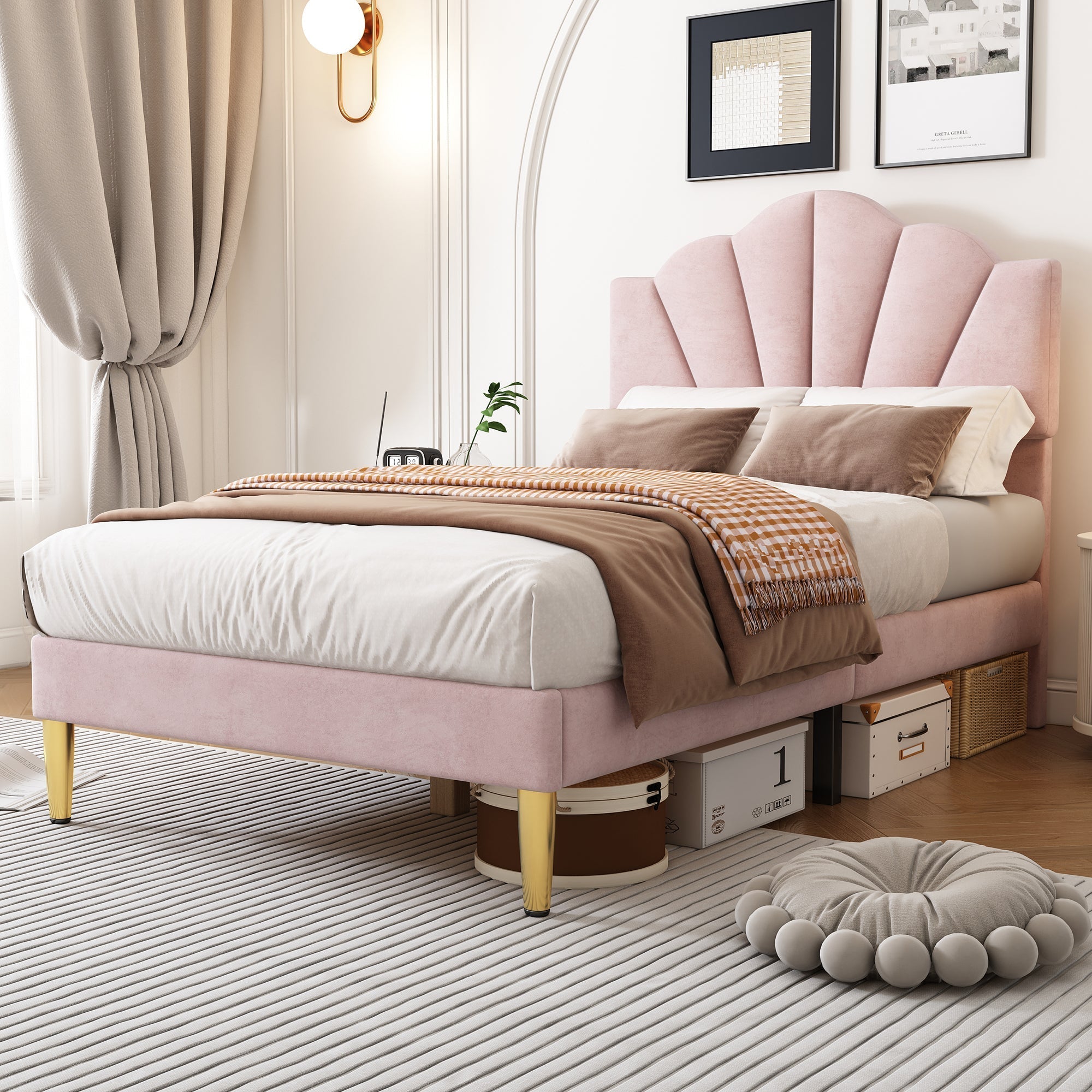Velvet Upholstered Bed 90x200cm Shell Adjustable Headboard Golden Legs - Pink