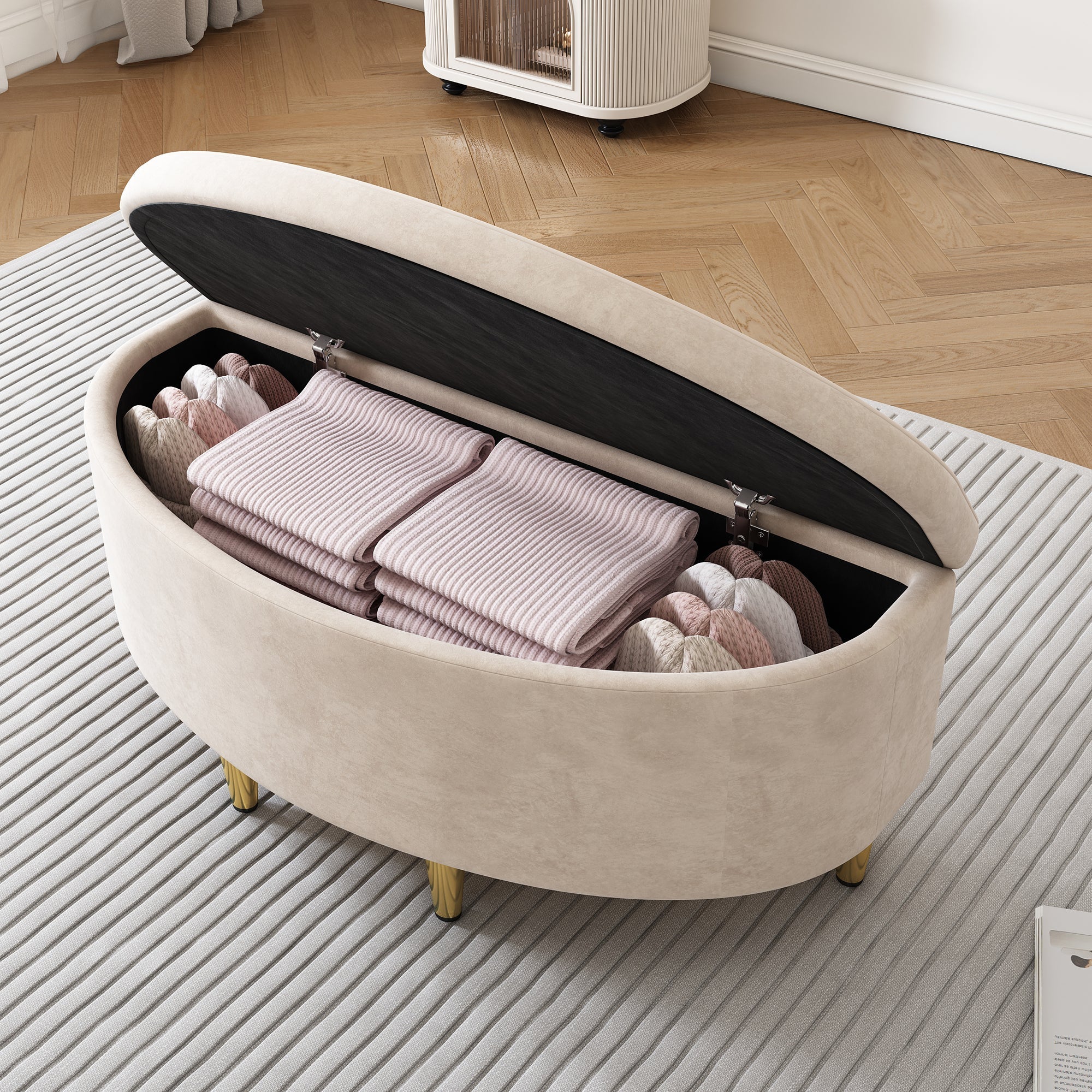 Upholstered Bench with Storage Space, Velvet Storage Box, Metal Legs, Beige