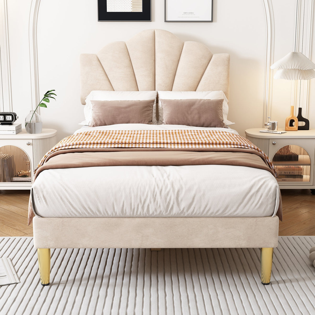 Upholstered Bed 90x200cm Shell Headboard Height-Adjustable Golden Iron Legs Velvet Beige