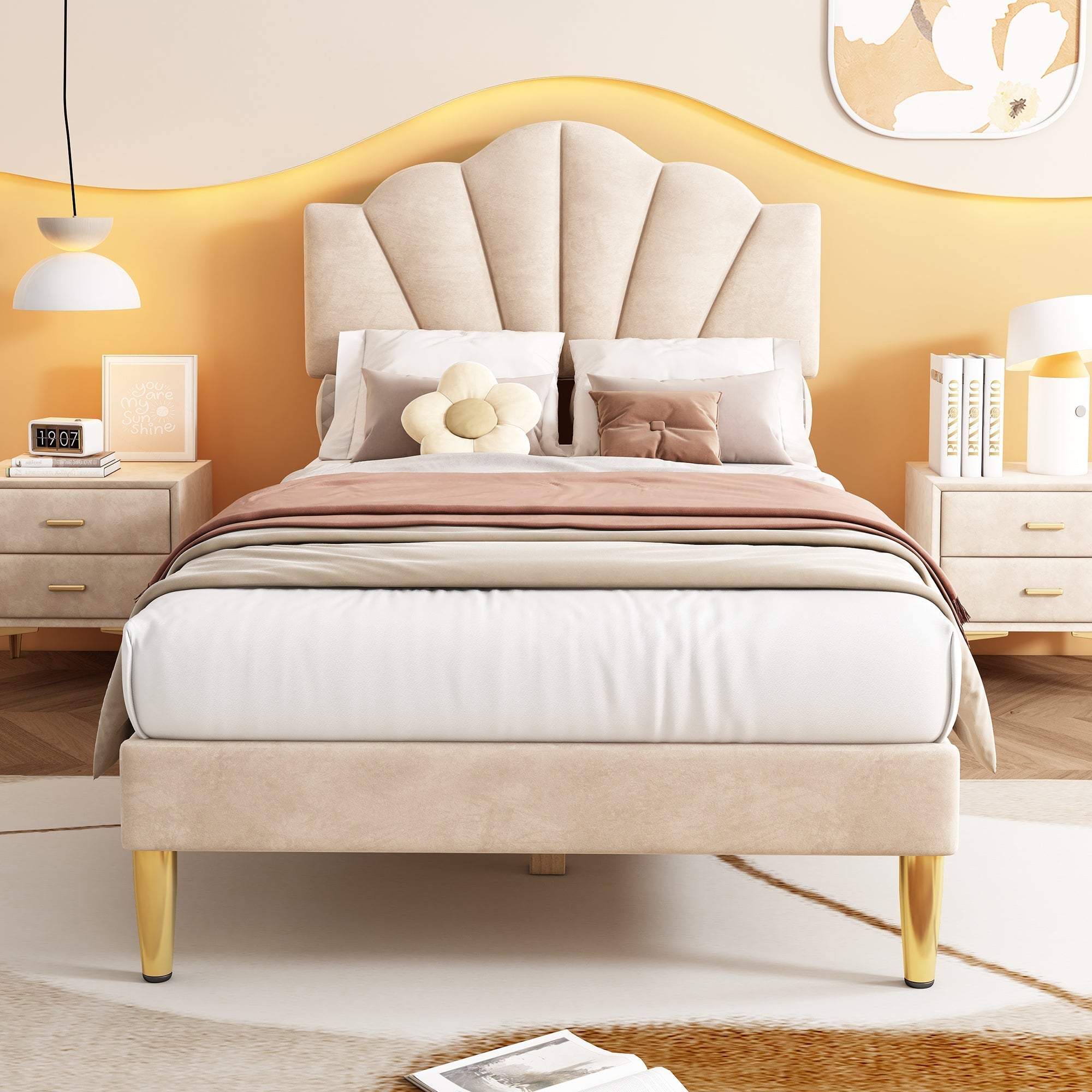 Upholstered Bed 90x200cm Shell Headboard Height-Adjustable Golden Iron Legs Velvet Beige