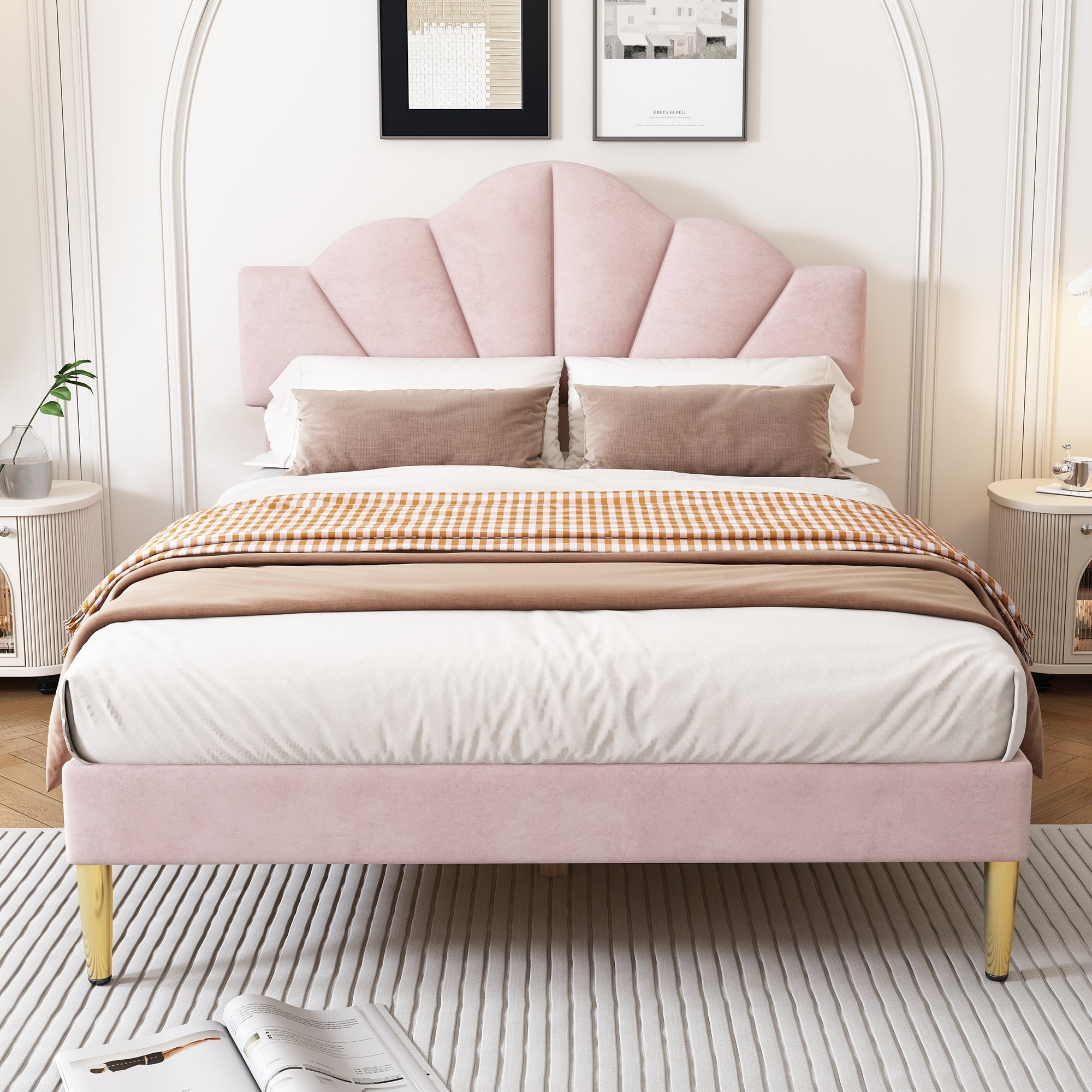 Upholstered Double Bed 140x190cm Shell Shape Adjustable Headboard Gold Legs - Velvet Pink