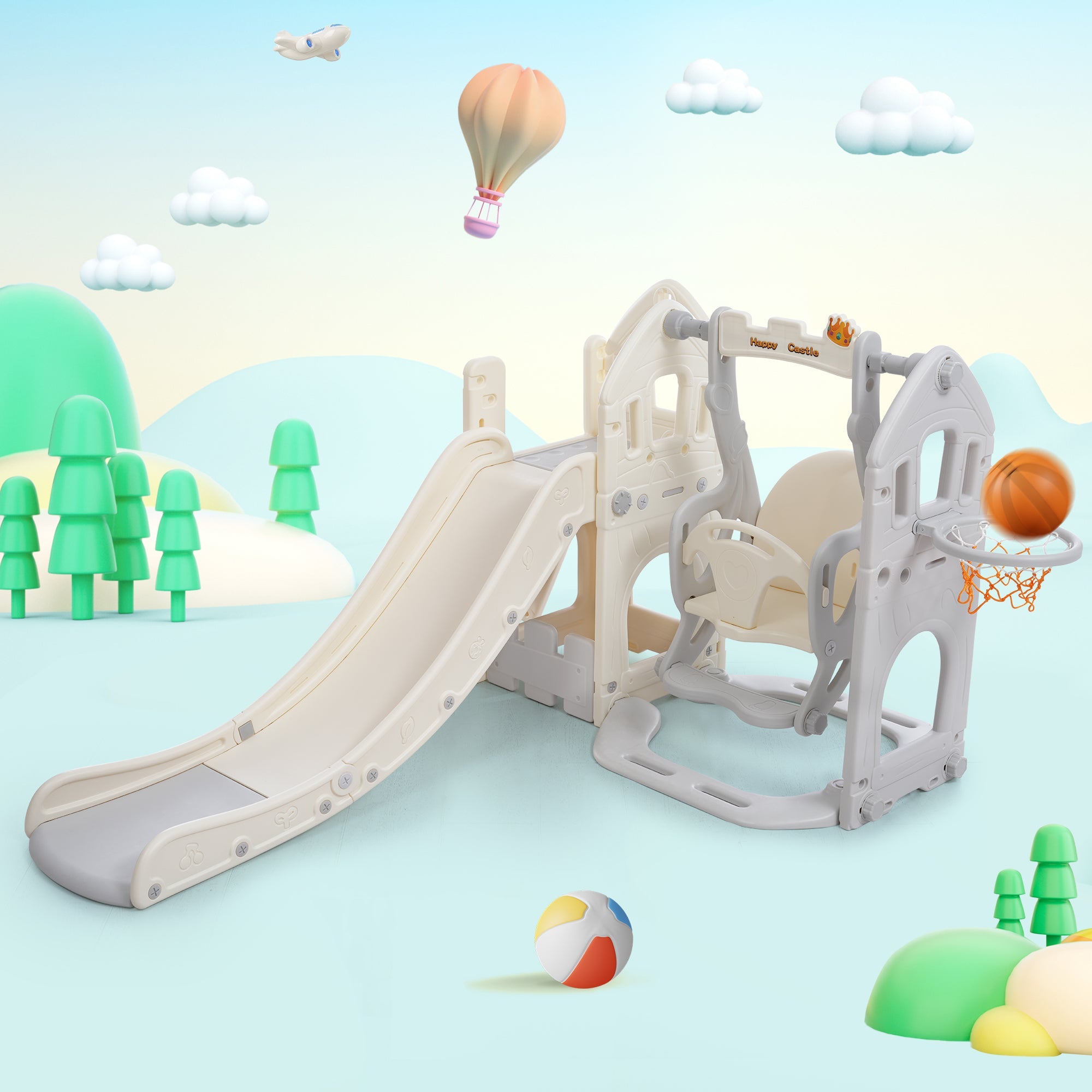 Children's Slide Set with Swing, 5-in-1, Climbing, Storage, Basketball Frame, Indoor