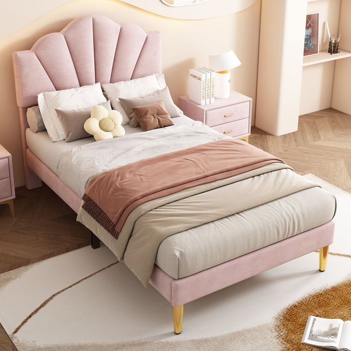 Velvet Upholstered Bed 90x200cm Shell Adjustable Headboard Golden Legs - Pink
