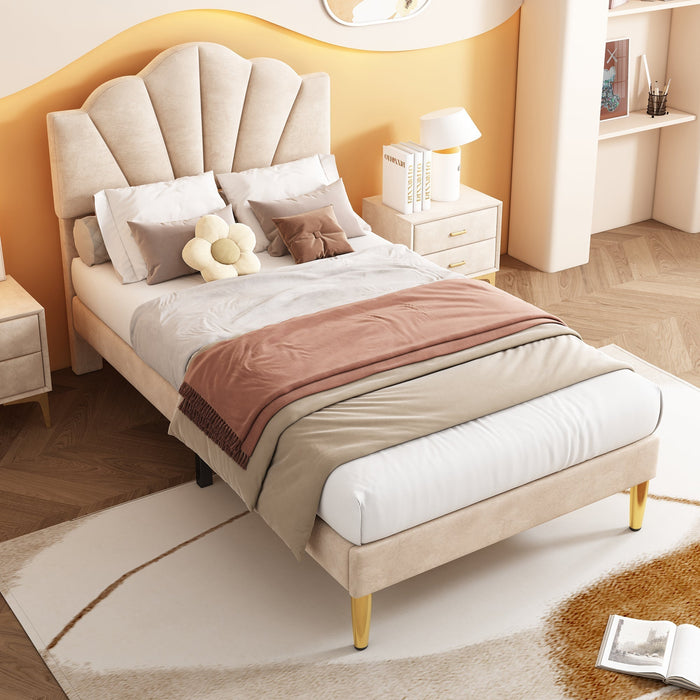 Upholstered Bed 90x200cm Shell Headboard Height-Adjustable Golden Iron Legs Velvet Beige