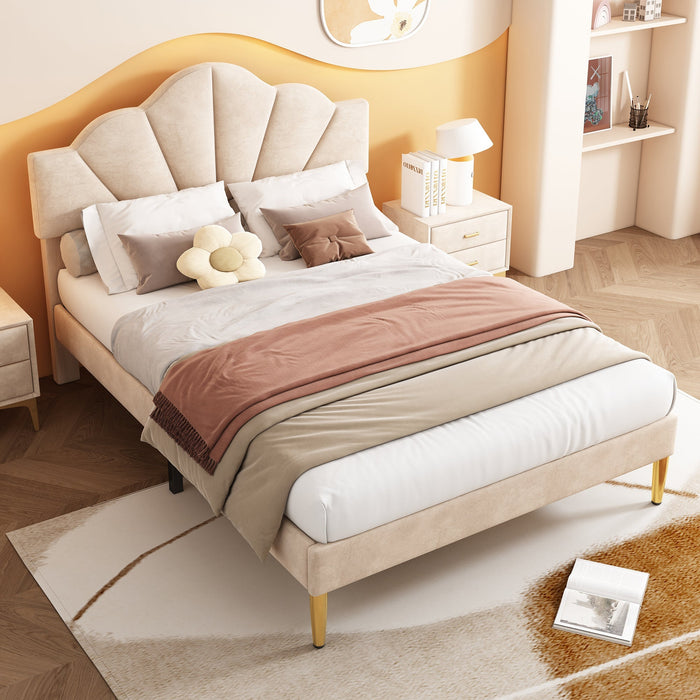 Shell-Shaped Upholstered Double Bed with Golden Legs and Slatted Base, 140x200 cm, Beige Velvet