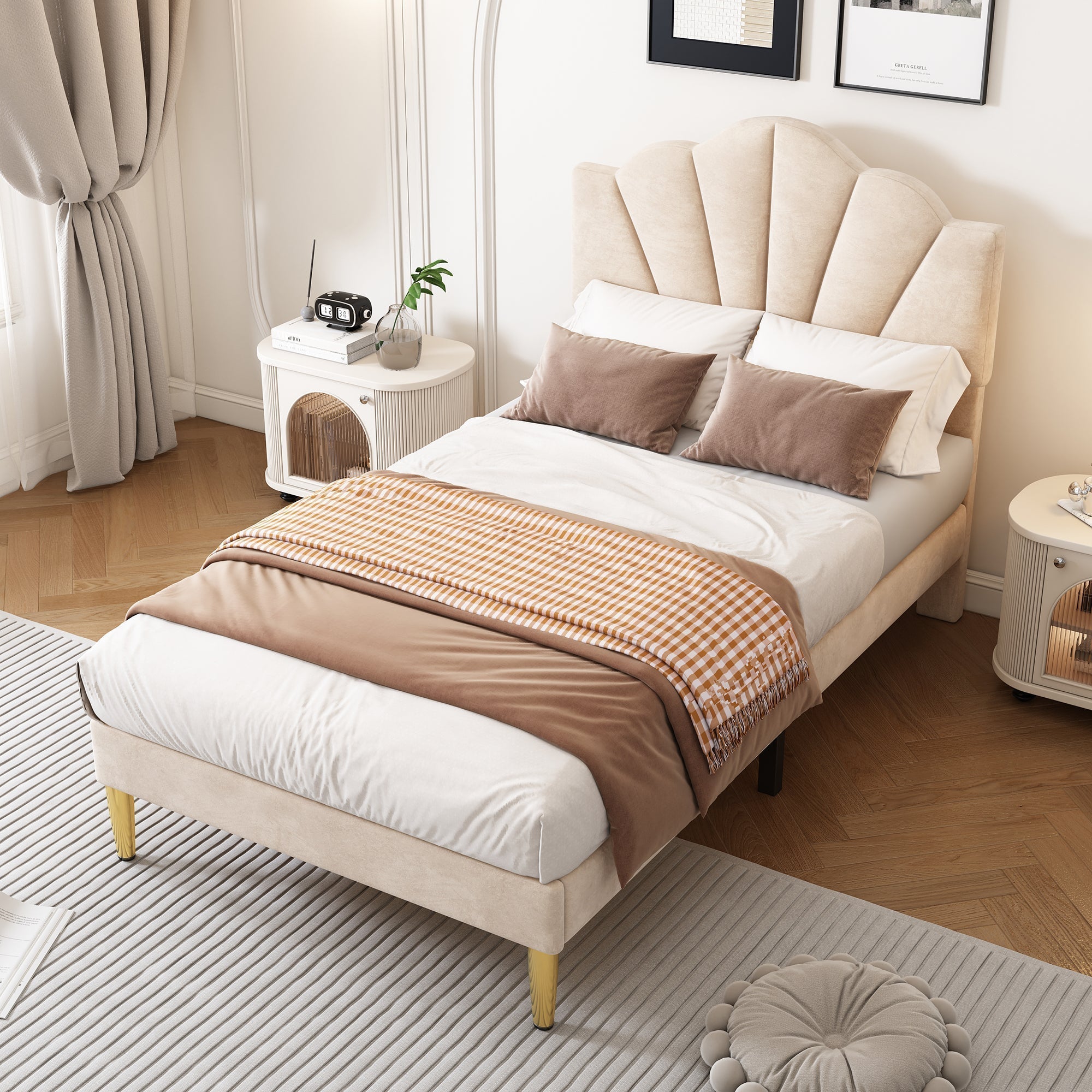 Upholstered Bed 90x200cm Shell Headboard Height-Adjustable Golden Iron Legs Velvet Beige