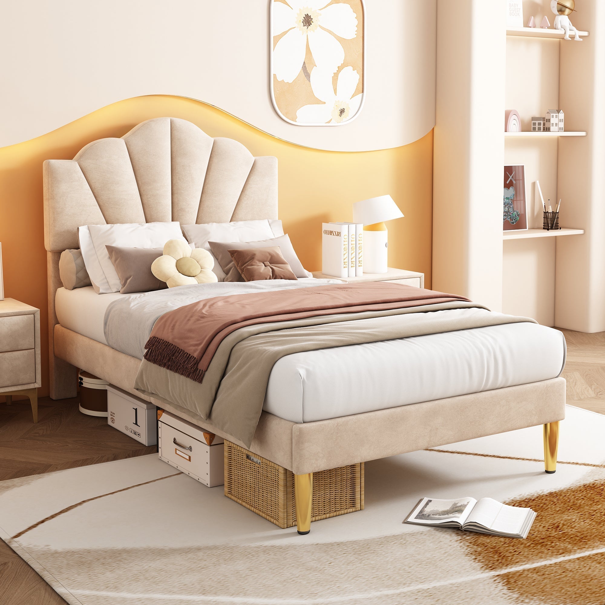 Upholstered Bed 90x200cm Shell Headboard Height-Adjustable Golden Iron Legs Velvet Beige