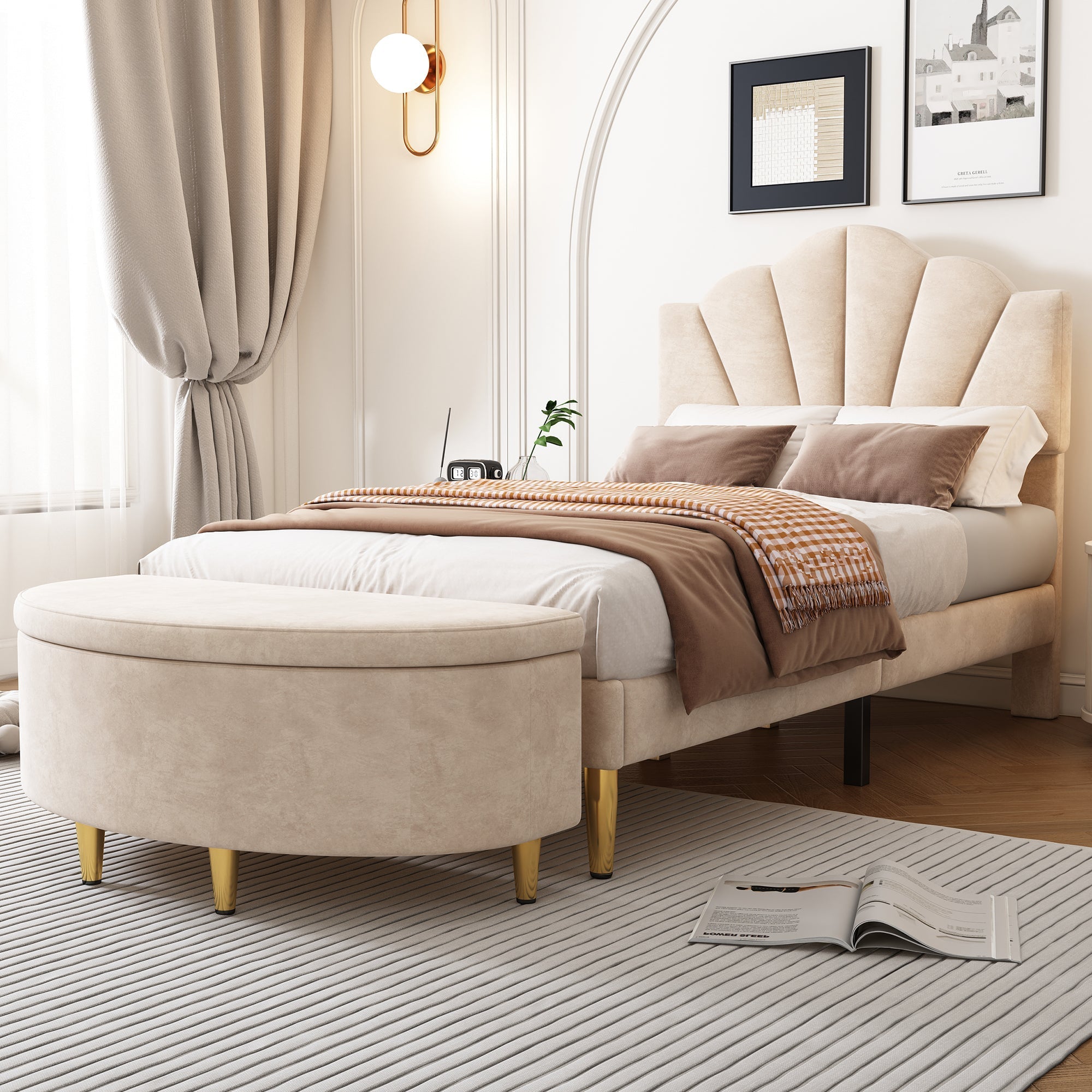 Upholstered Bench with Storage Space, Velvet Storage Box, Metal Legs, Beige