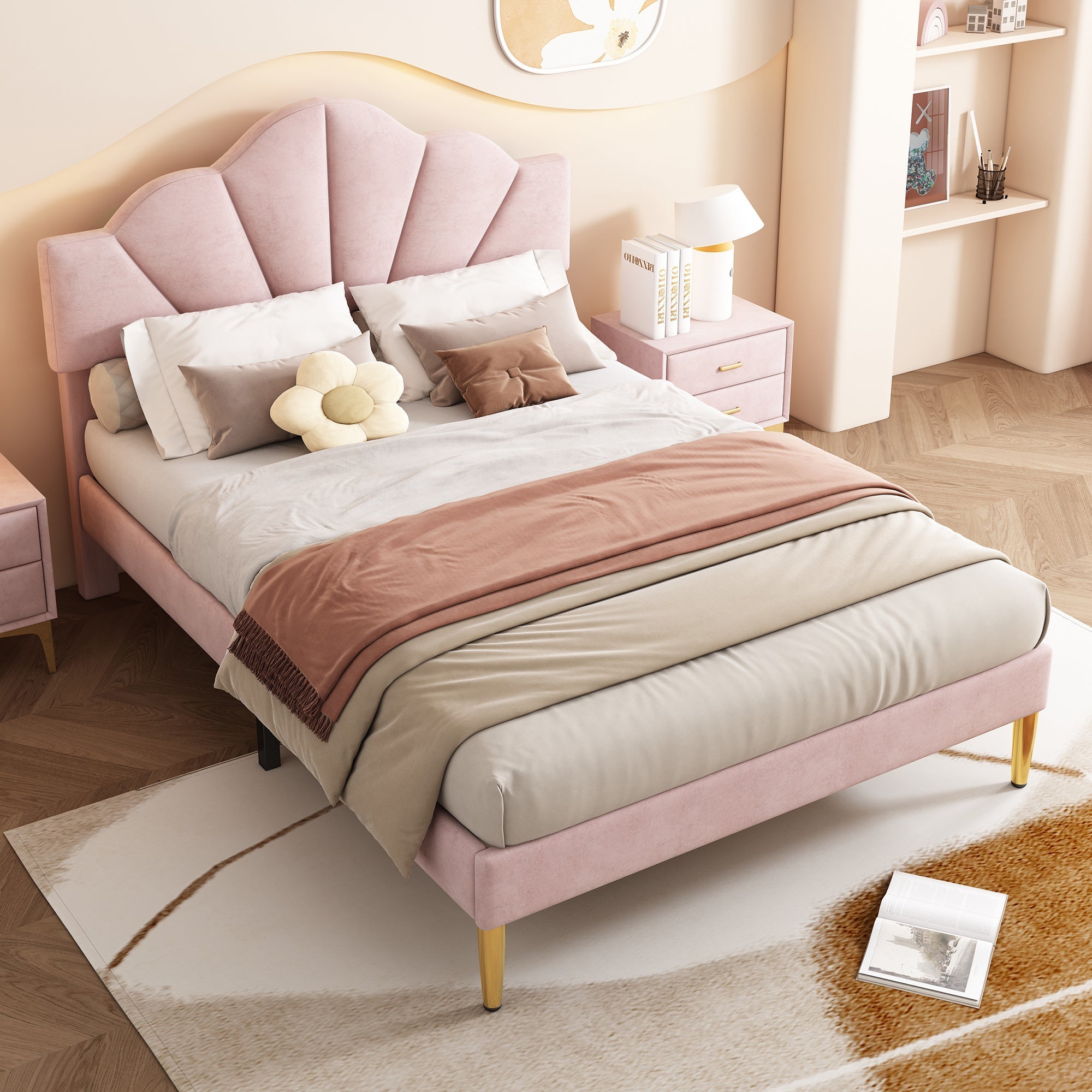 Upholstered Double Bed 140x190cm Shell Shape Adjustable Headboard Gold Legs - Velvet Pink
