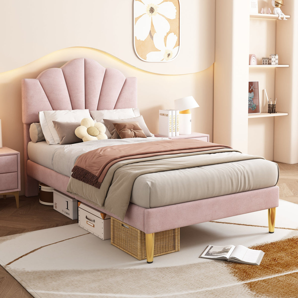 Velvet Upholstered Bed 90x200cm Shell Adjustable Headboard Golden Legs - Pink