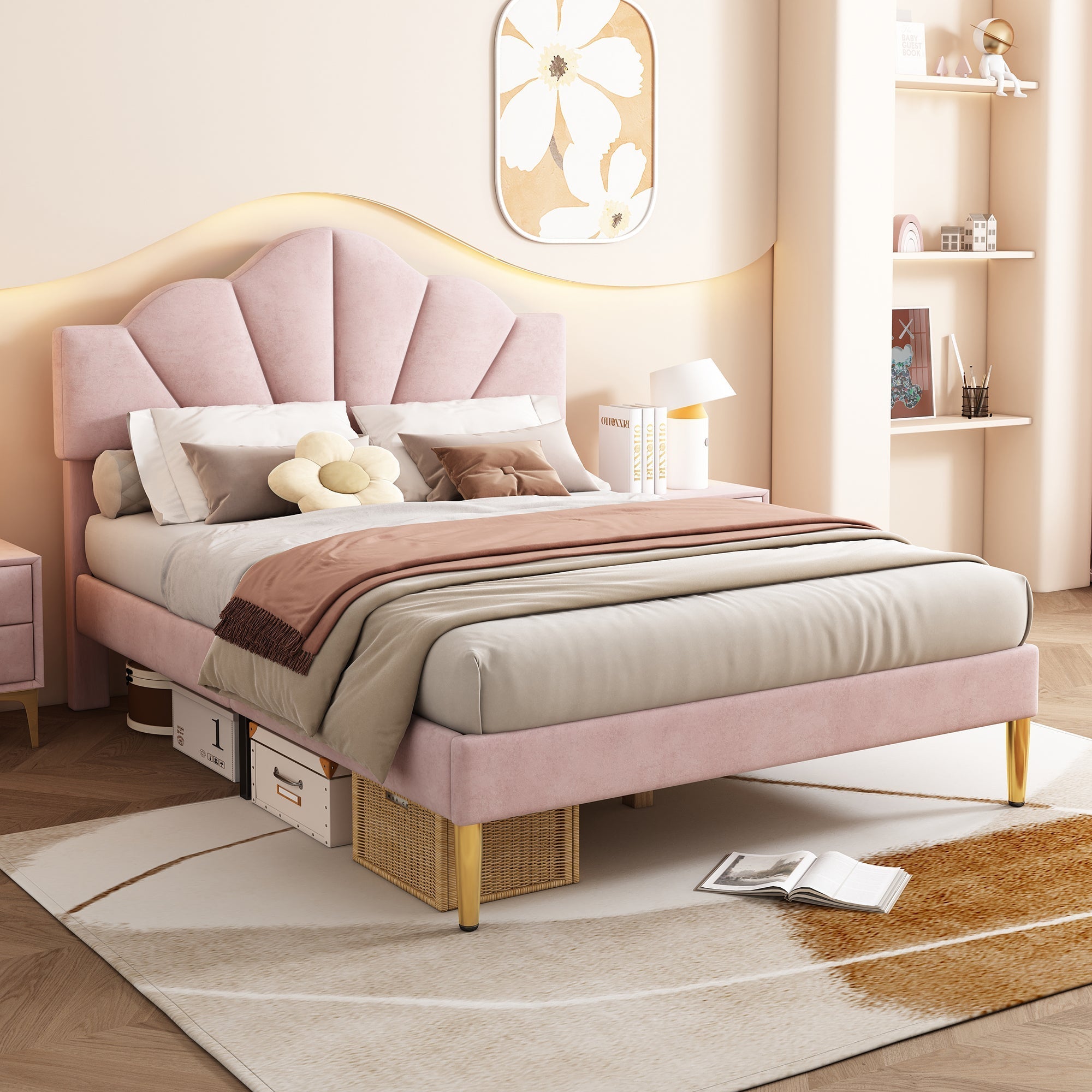 Upholstered Double Bed 140x190cm Shell Shape Adjustable Headboard Gold Legs - Velvet Pink