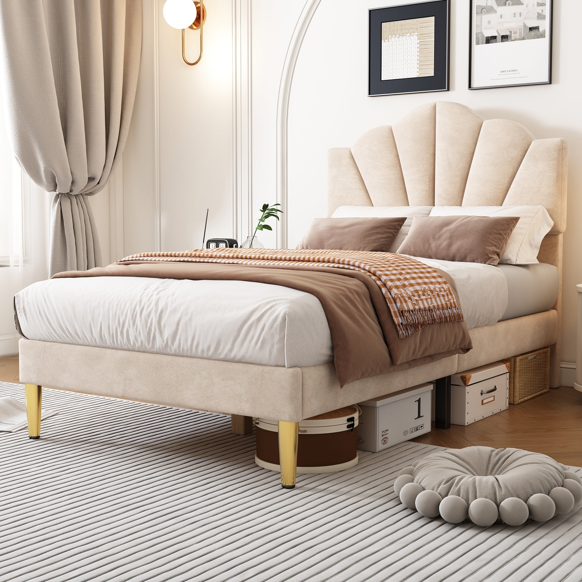 Upholstered Bed 90x200cm Shell Headboard Height-Adjustable Golden Iron Legs Velvet Beige