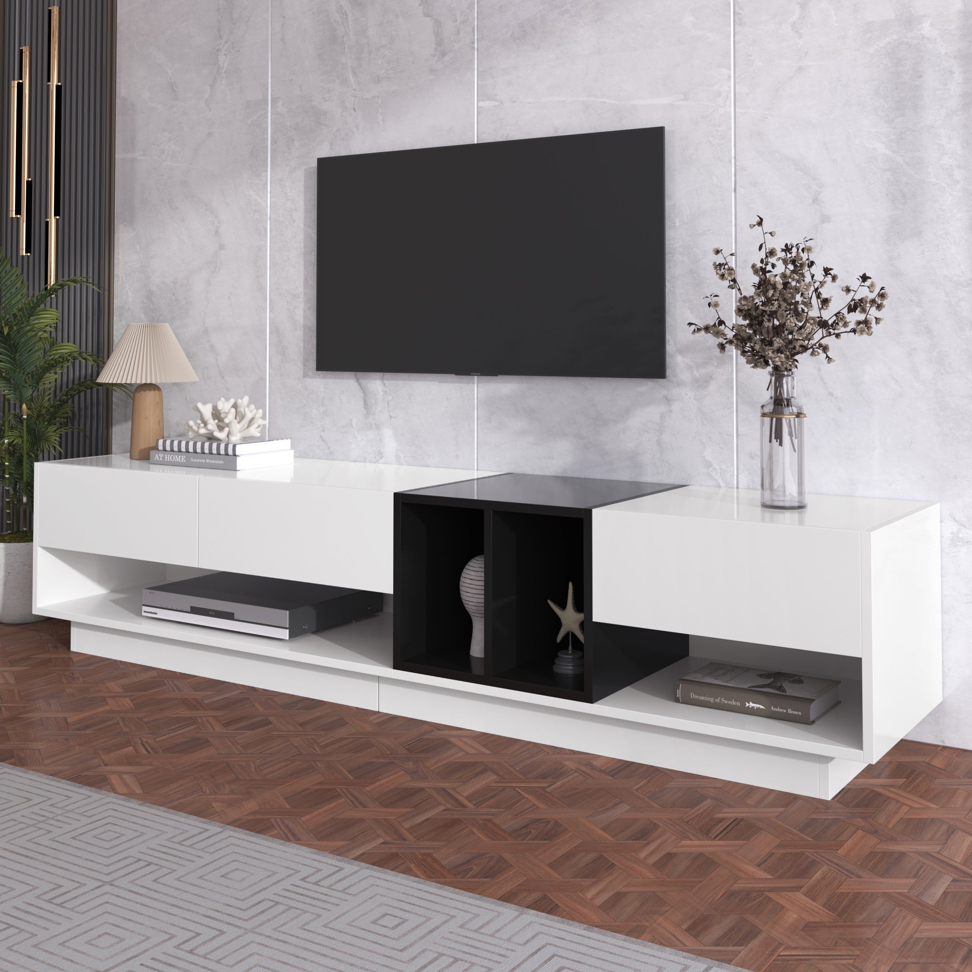 TV Cabinet Lowboard, Color-Blocking Design with Drawers & Compartments, High-Gloss White and Black