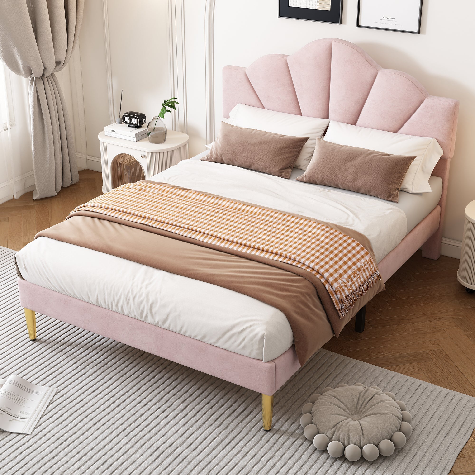 Upholstered Double Bed 140x190cm Shell Shape Adjustable Headboard Gold Legs - Velvet Pink