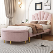 Shell-shaped Upholstered Bed with Storage Bench and Adjustable Headboard, 90x200cm, Pink Velvet