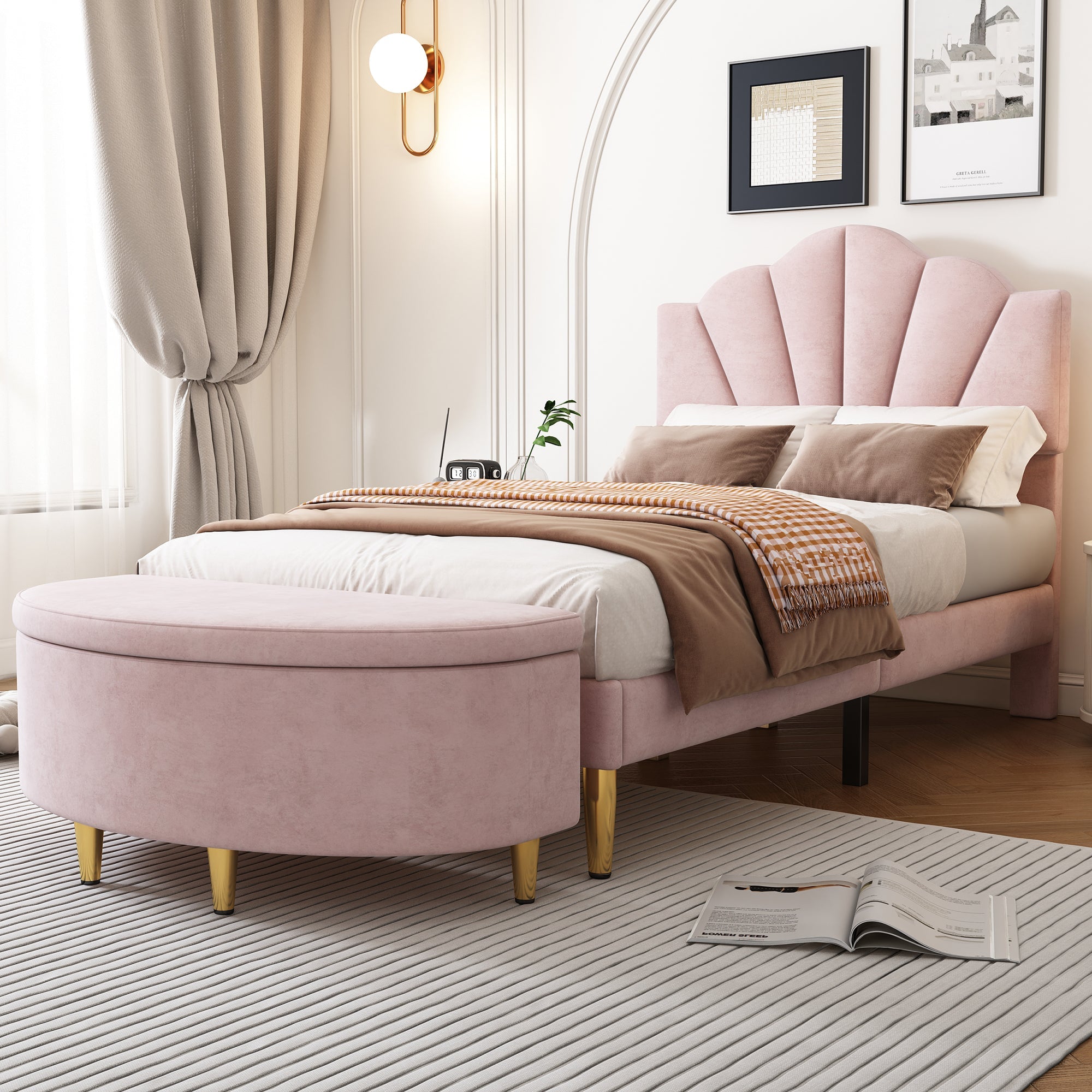 Shell-shaped Upholstered Bed with Storage Bench and Adjustable Headboard, 90x200cm, Pink Velvet