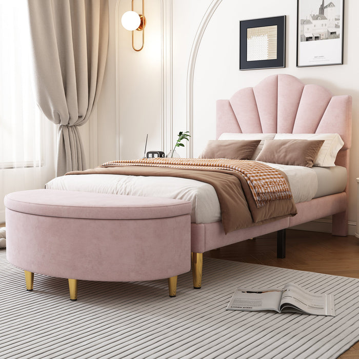 Shell-shaped Upholstered Bed with Storage Bench and Adjustable Headboard, 90x200cm, Pink Velvet