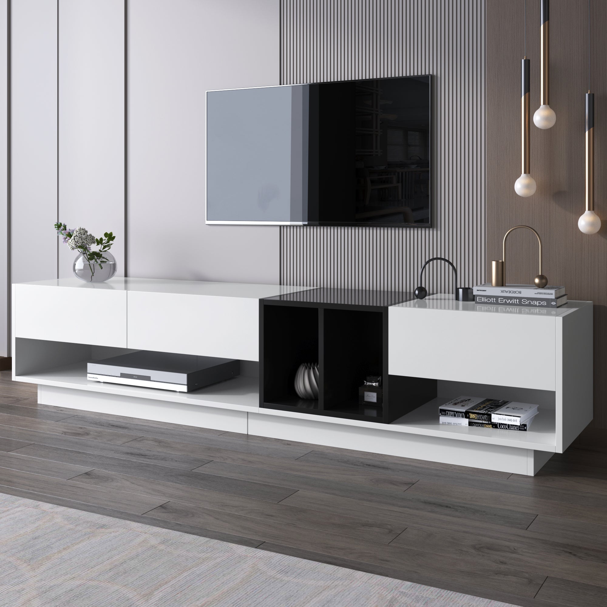 TV Cabinet Lowboard, Color-Blocking Design with Drawers & Compartments, High-Gloss White and Black