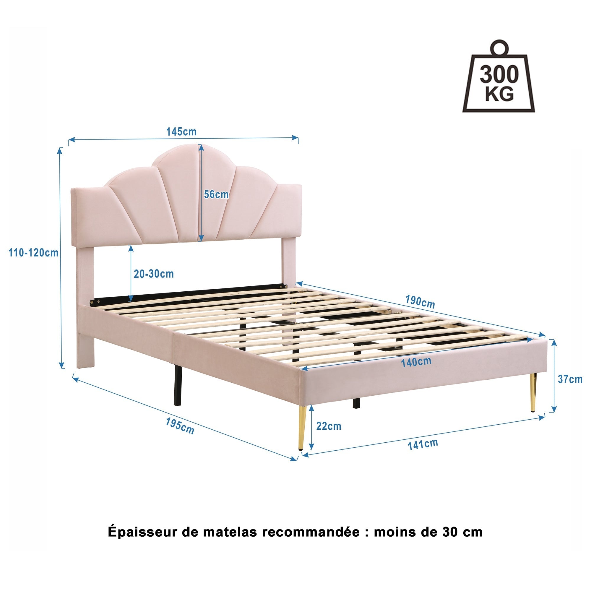 Upholstered Double Bed 140x190cm Shell Shape Adjustable Headboard Gold Legs - Velvet Pink