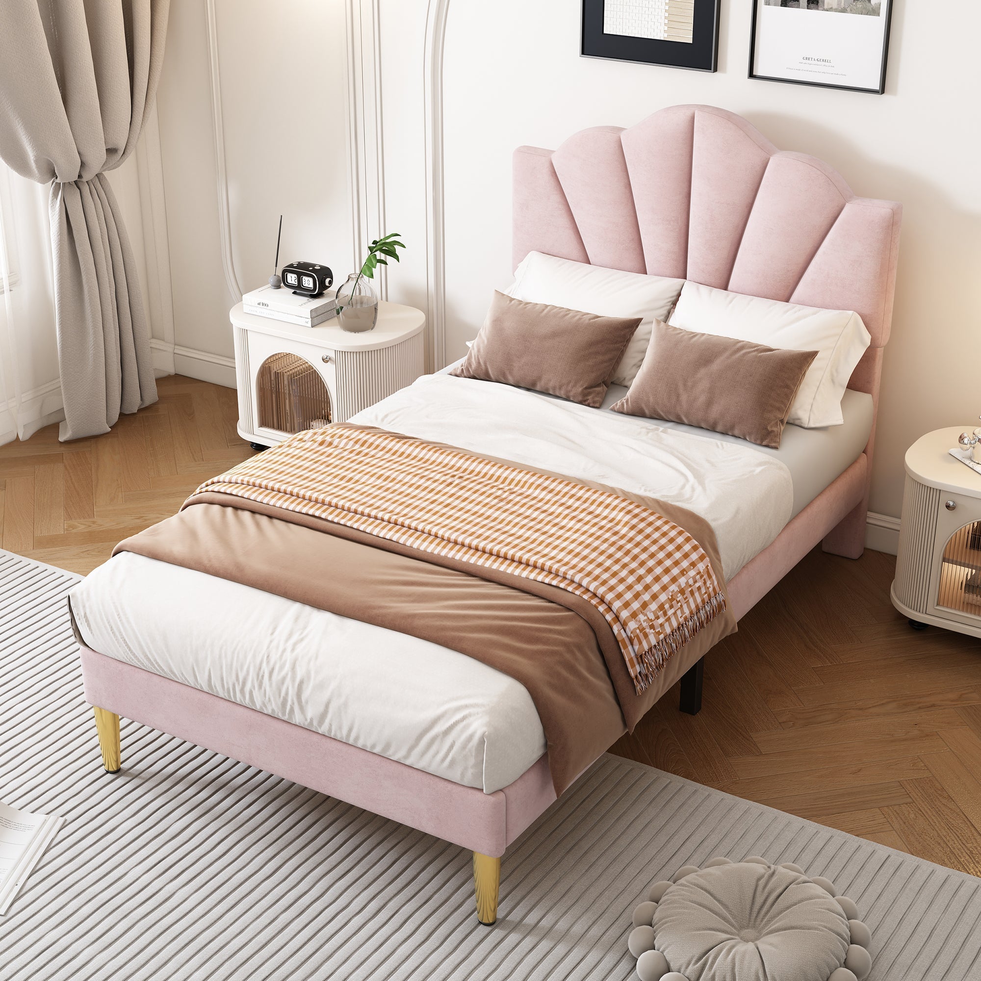 Velvet Upholstered Bed 90x200cm Shell Adjustable Headboard Golden Legs - Pink