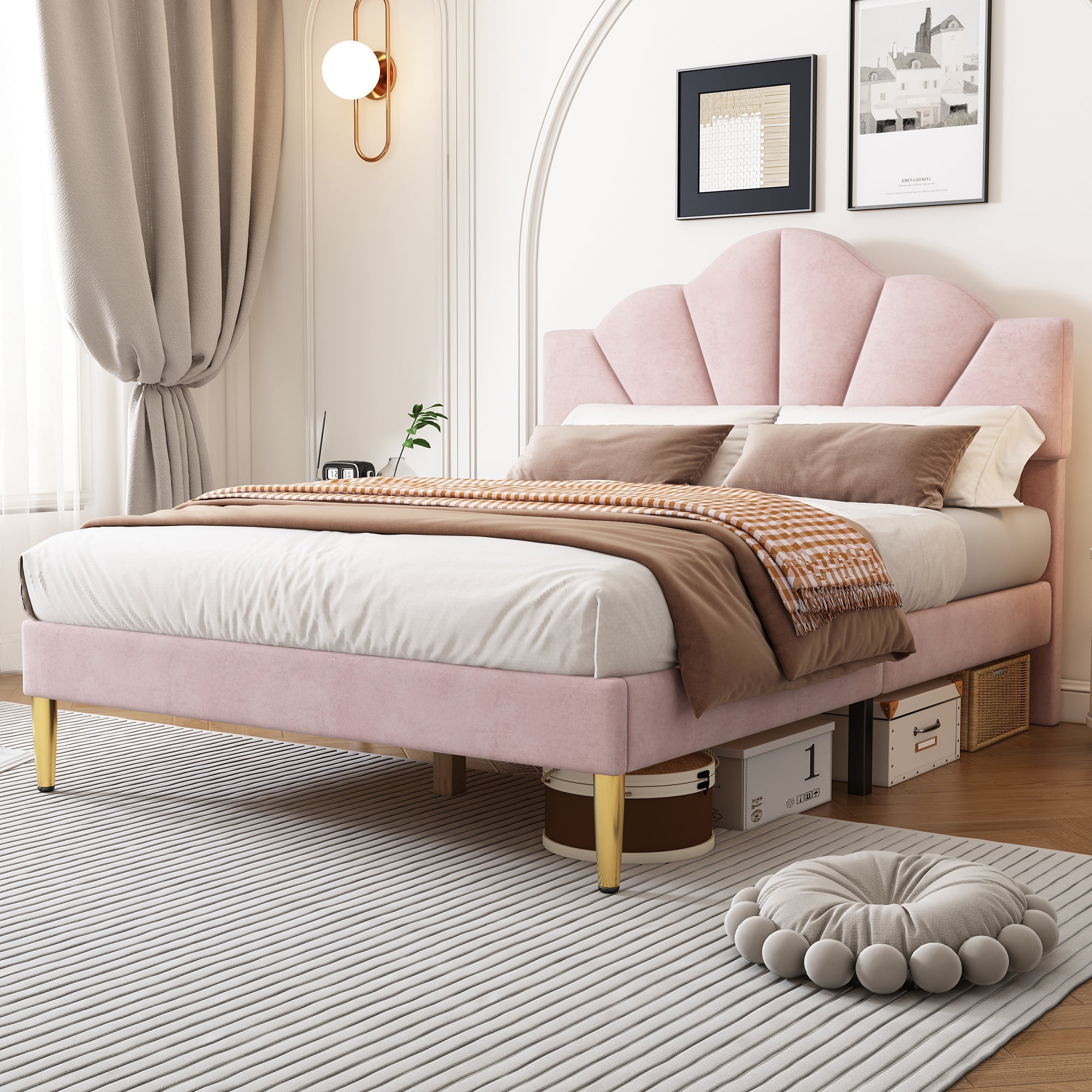Upholstered Double Bed 140x190cm Shell Shape Adjustable Headboard Gold Legs - Velvet Pink
