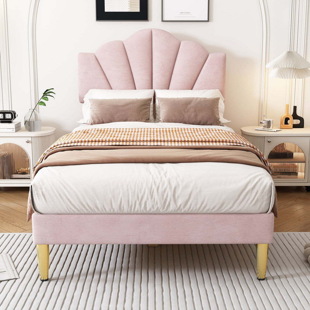 Velvet Upholstered Bed 90x200cm Shell Adjustable Headboard Golden Legs - Pink