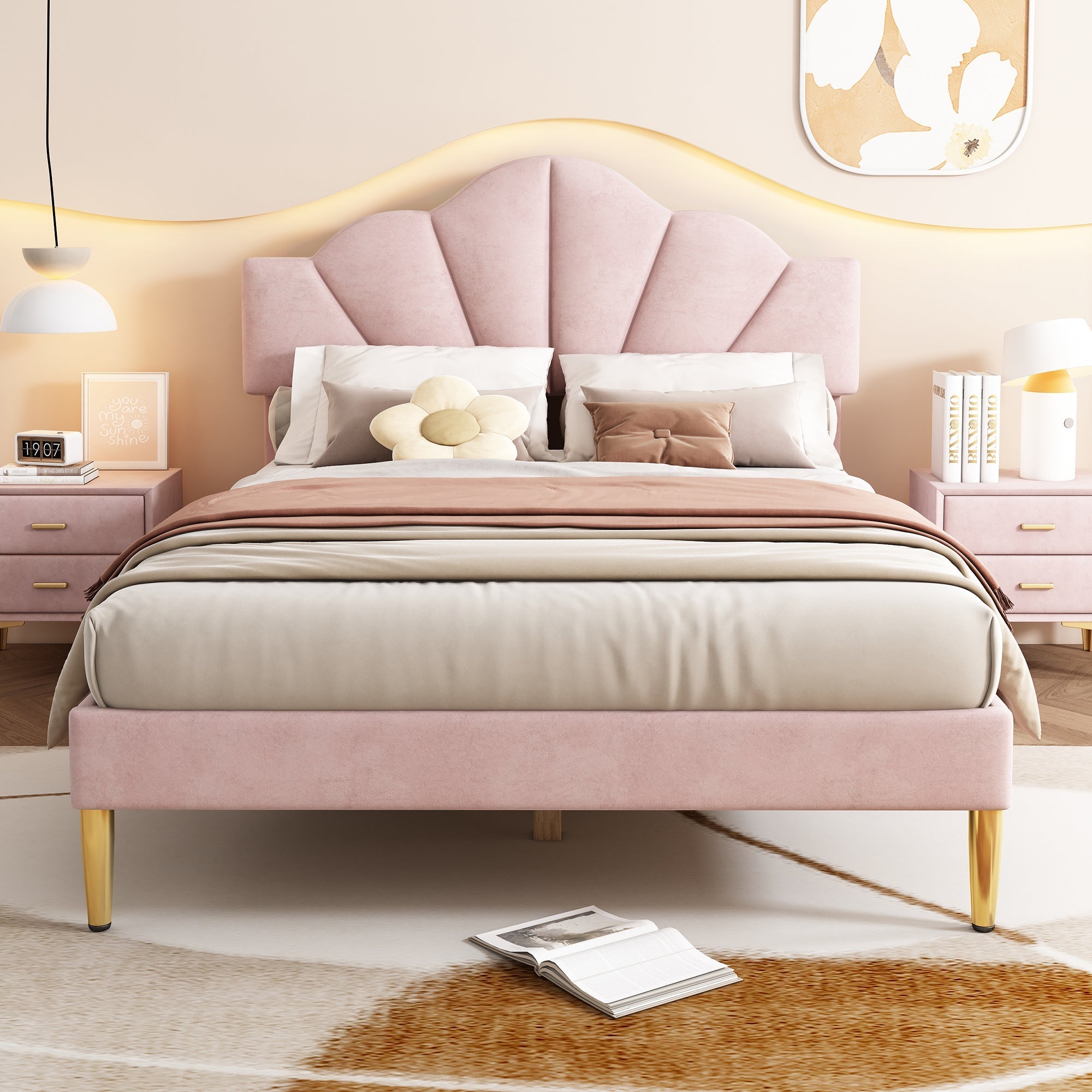 Upholstered Double Bed 140x190cm Shell Shape Adjustable Headboard Gold Legs - Velvet Pink