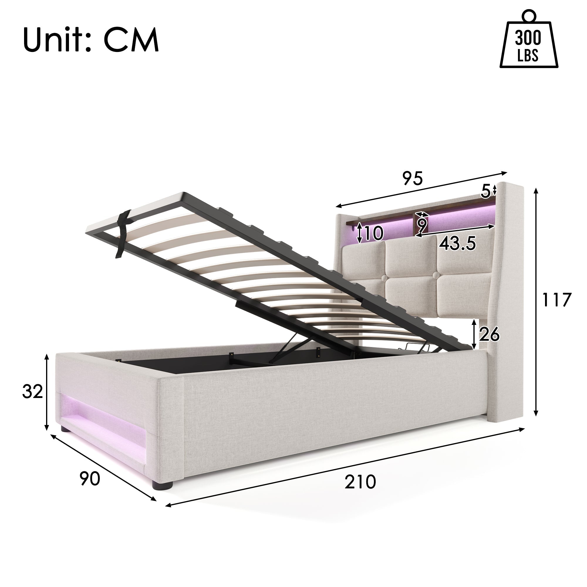 Upholstered Bed, 90x200cm LED Single with Metal Frame, Linen