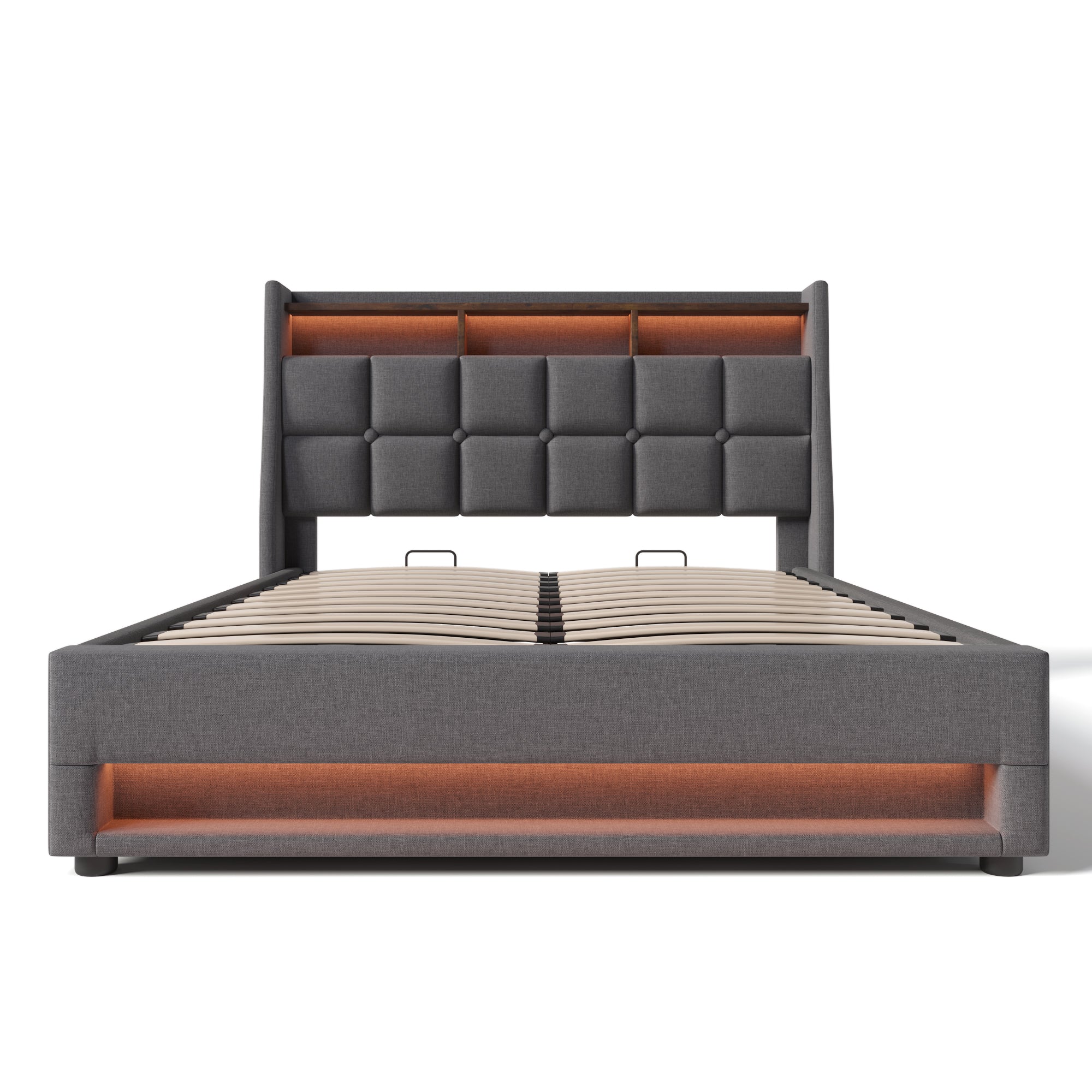 Upholstered Bed, 160x200cm LED Double Bed with USB, Metal Frame, Linen
