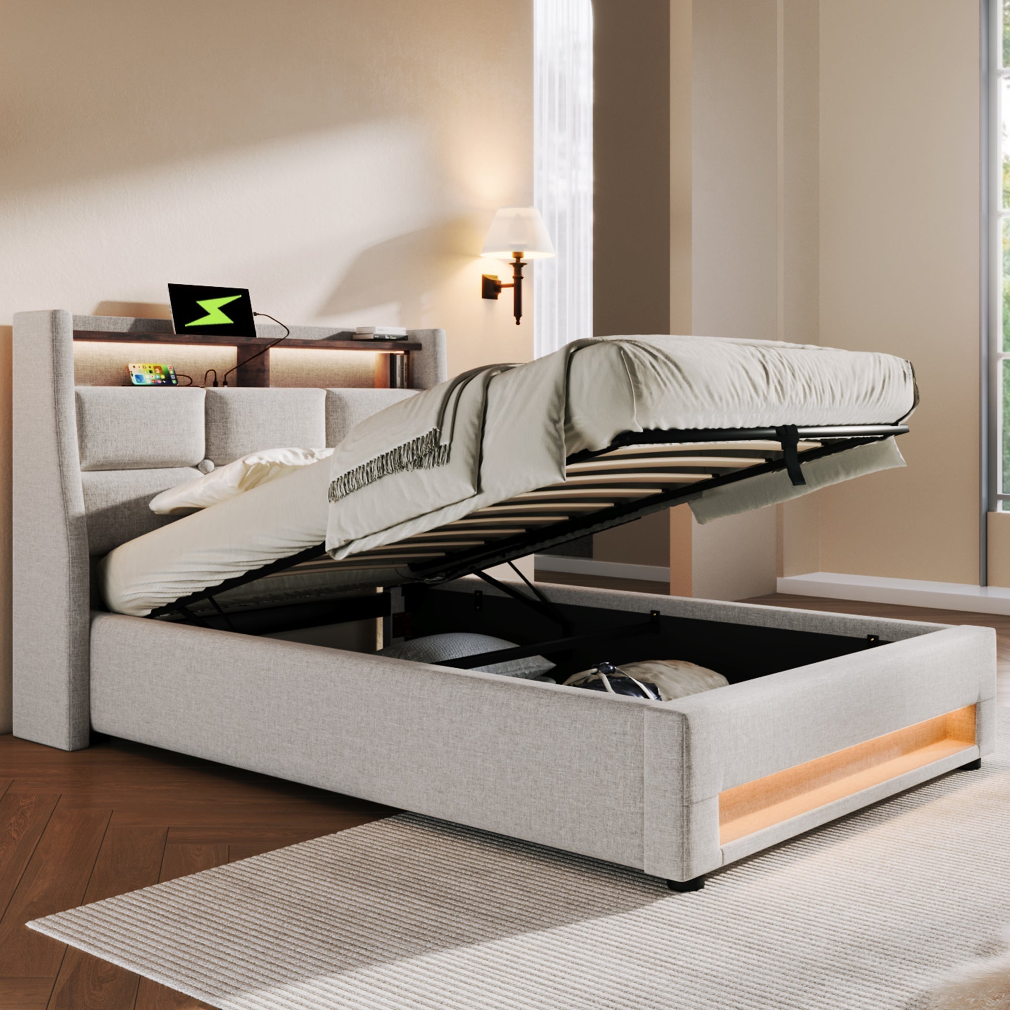 Upholstered Bed, 90x200cm LED Single with Metal Frame, Linen