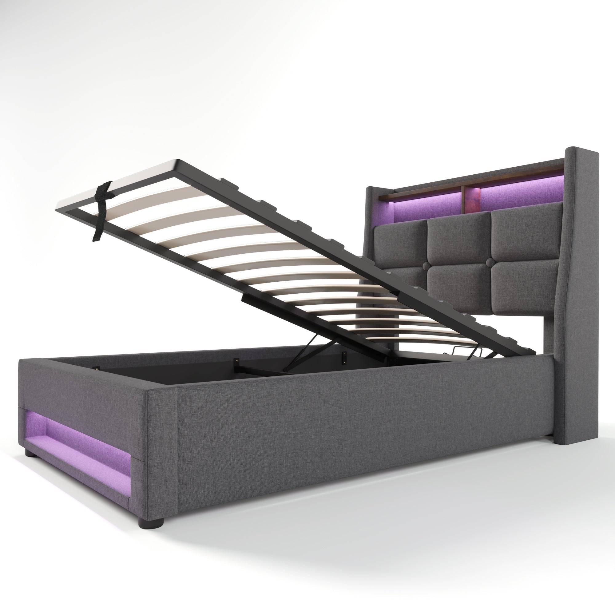 Upholstered Bed 90x200cm Single USB LED Slatted Base, Linen Fabric