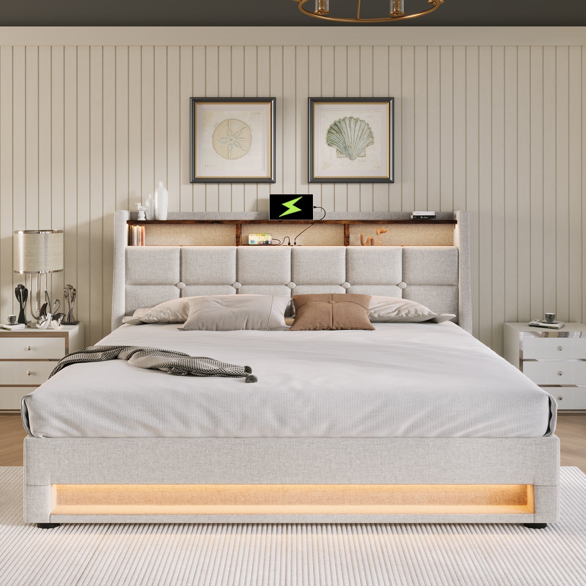 Upholstered Bed with USB LED Metal Slatted Base, Linen Material (With Mattress)