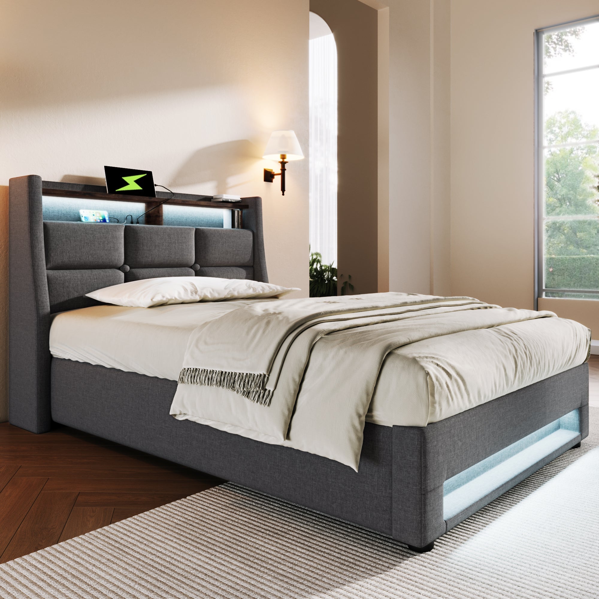 Upholstered Bed 90x200cm Single USB LED Slatted Base, Linen Fabric