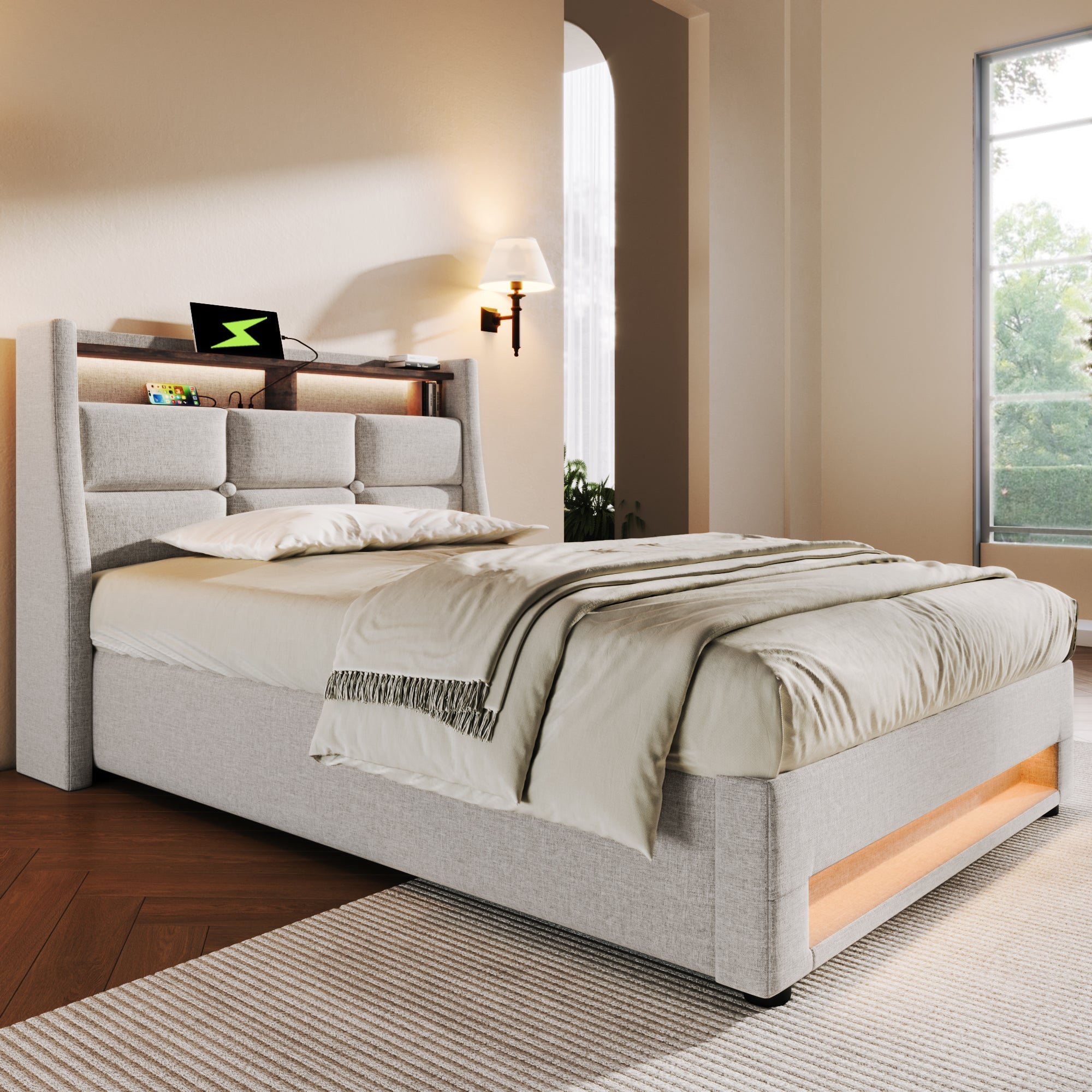 Upholstered Bed, 90x200cm LED Single with Metal Frame, Linen