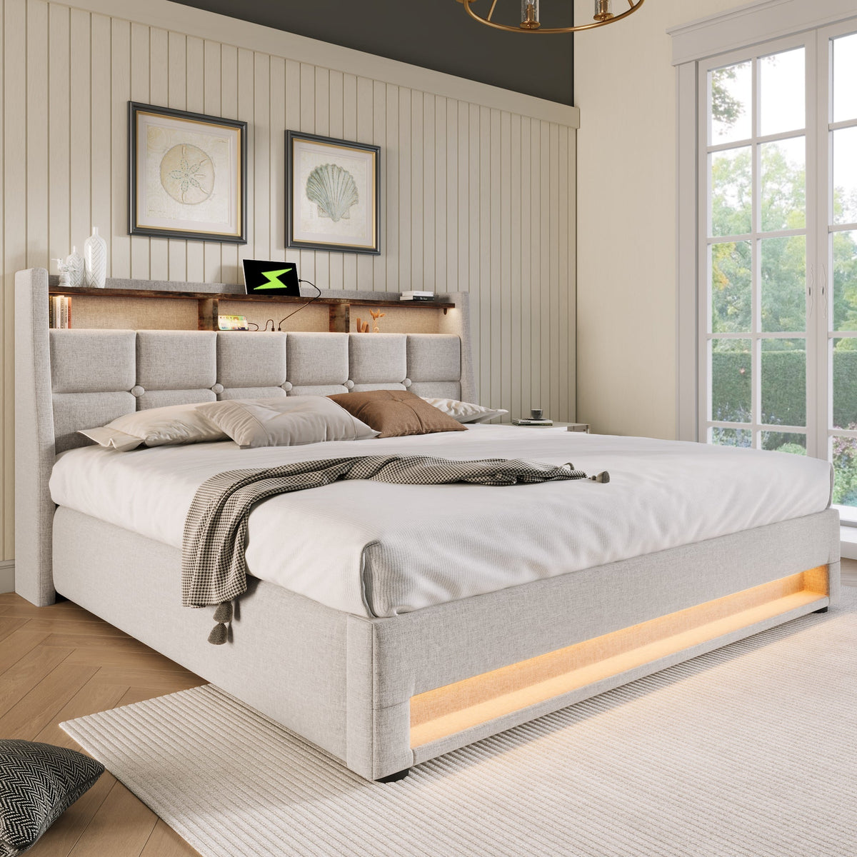 Upholstered Bed 140x200cm LED USB Slatted Base Metal Frame, Linen Material