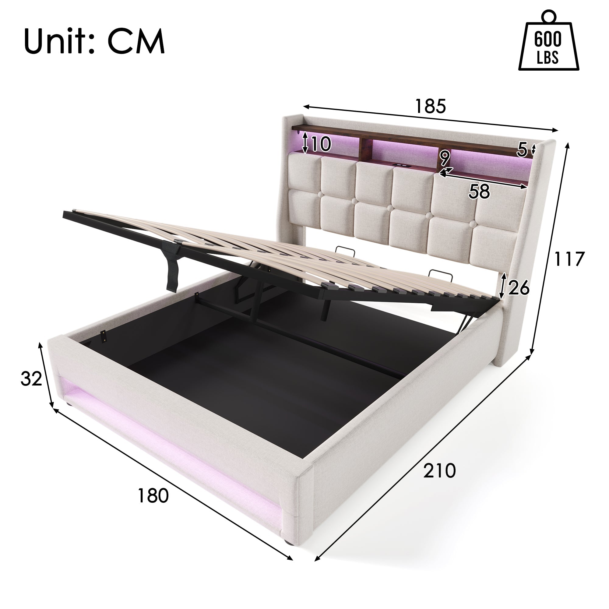 Upholstered Double Bed with USB, LED and Slatted Metal Frame, 180x200cm, Linen