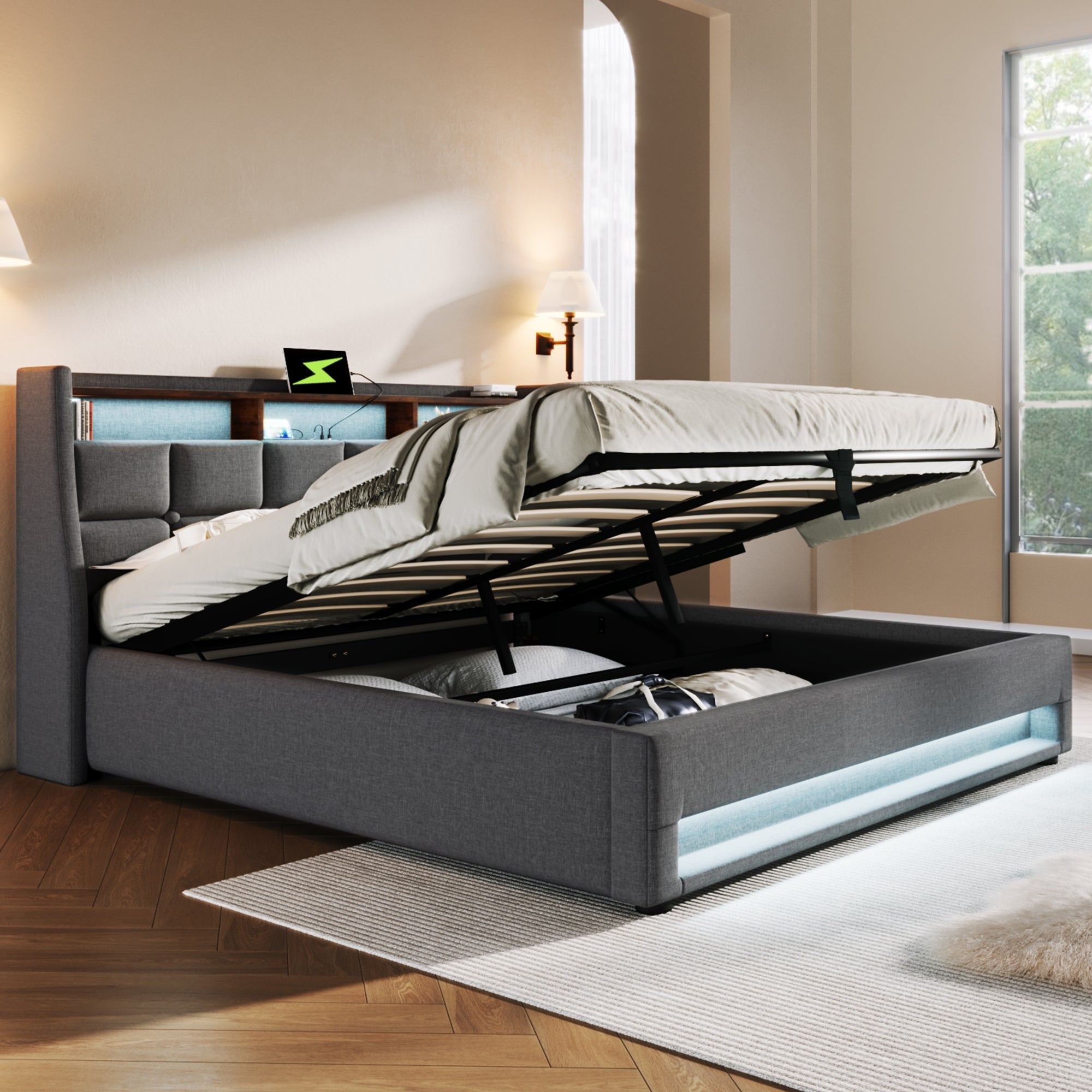 Upholstered Bed 140x200cm, LED Double with USB, Linen