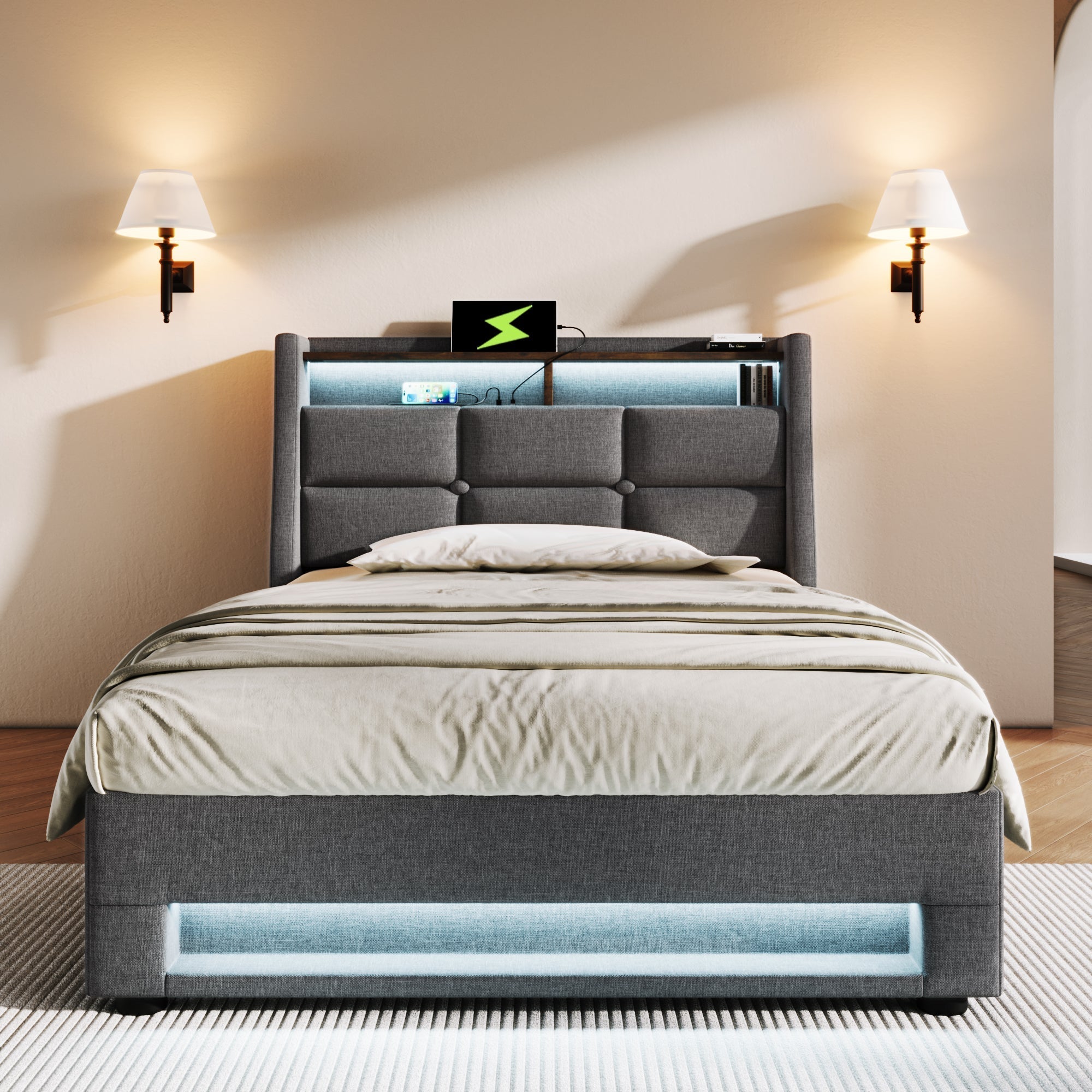 Upholstered Bed 90x200cm Single USB LED Slatted Base, Linen Fabric