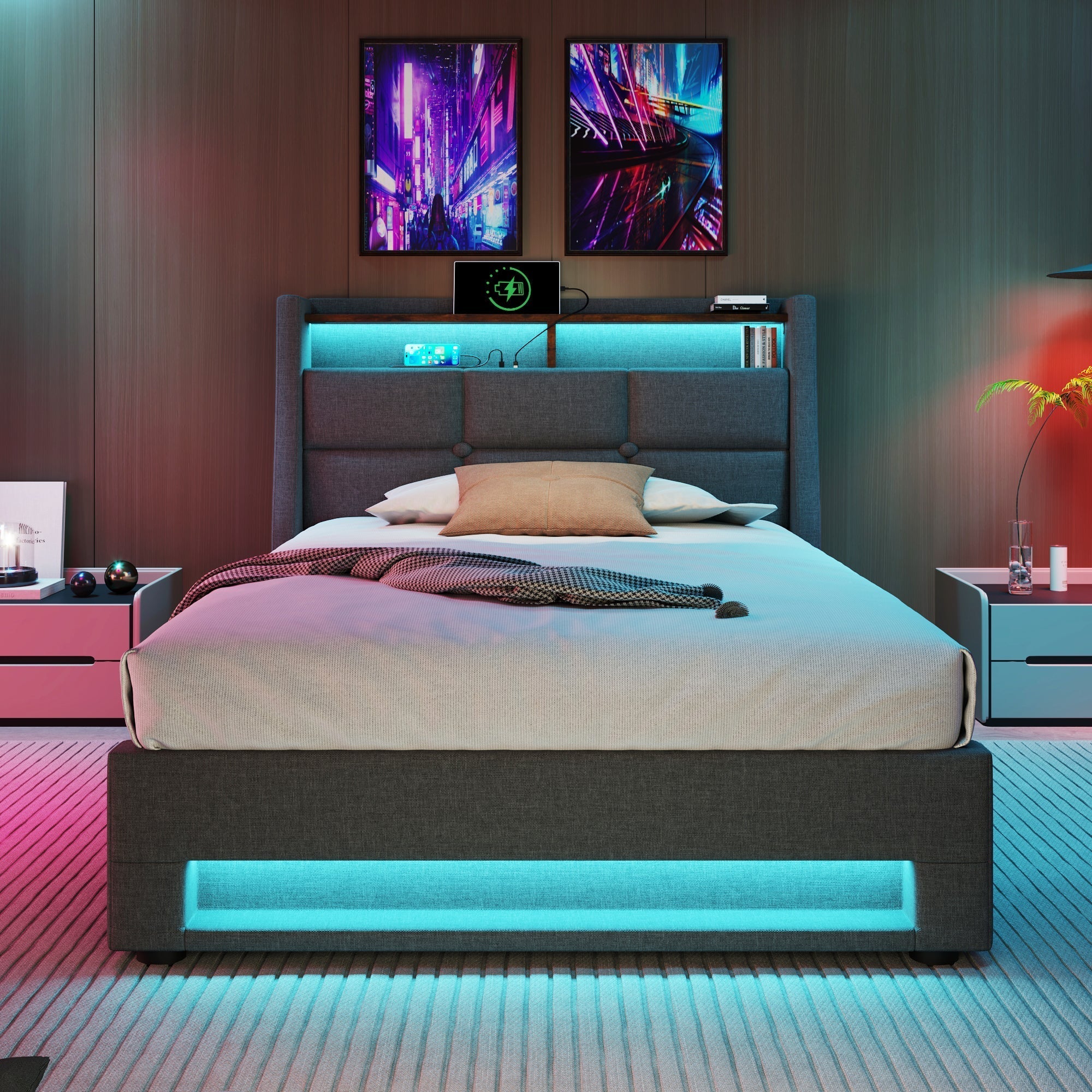 Single Bed Frame 90x200cm – Upholstered Linen with USB & LED