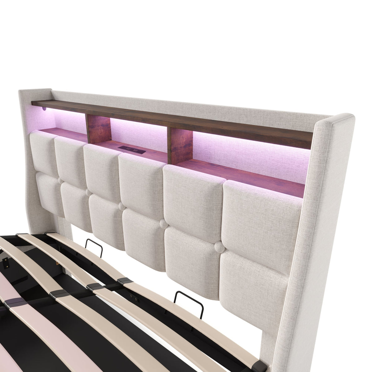 Upholstered Bed with USB LED Metal Slatted Base, Linen Material (With Mattress)