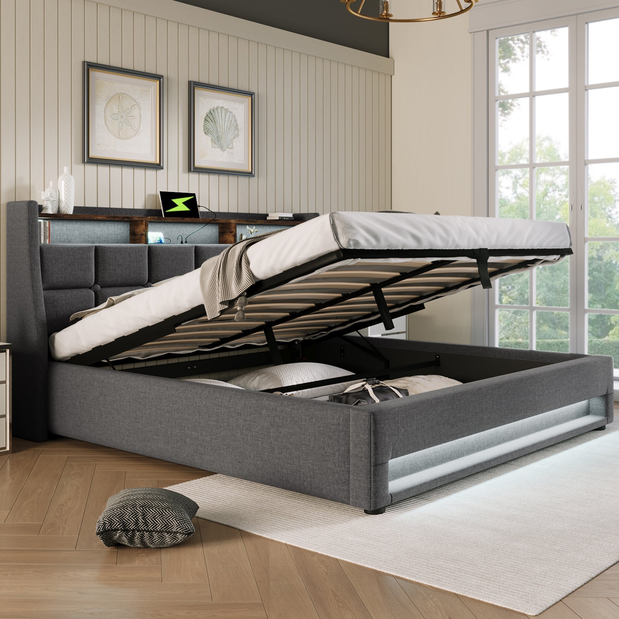 Upholstered Bed 140x200cm, LED Double with USB, Linen