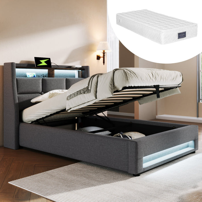 Upholstered Bed 90x200cm Single USB LED Slatted Base, Linen Fabric