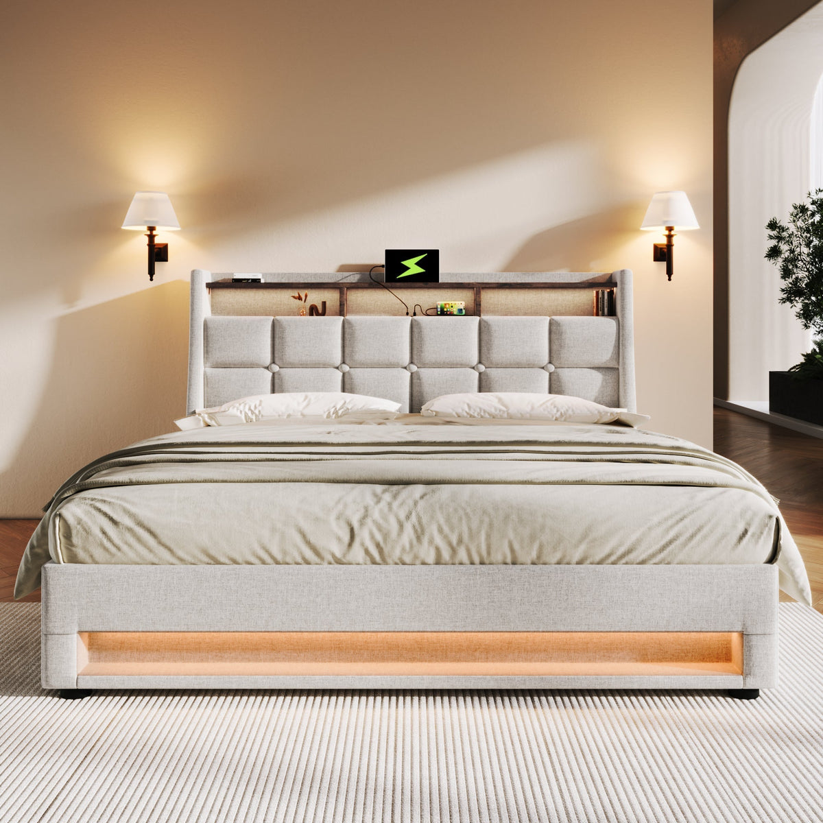 Upholstered Bed with USB LED Metal Slatted Base, Linen Material (With Mattress)