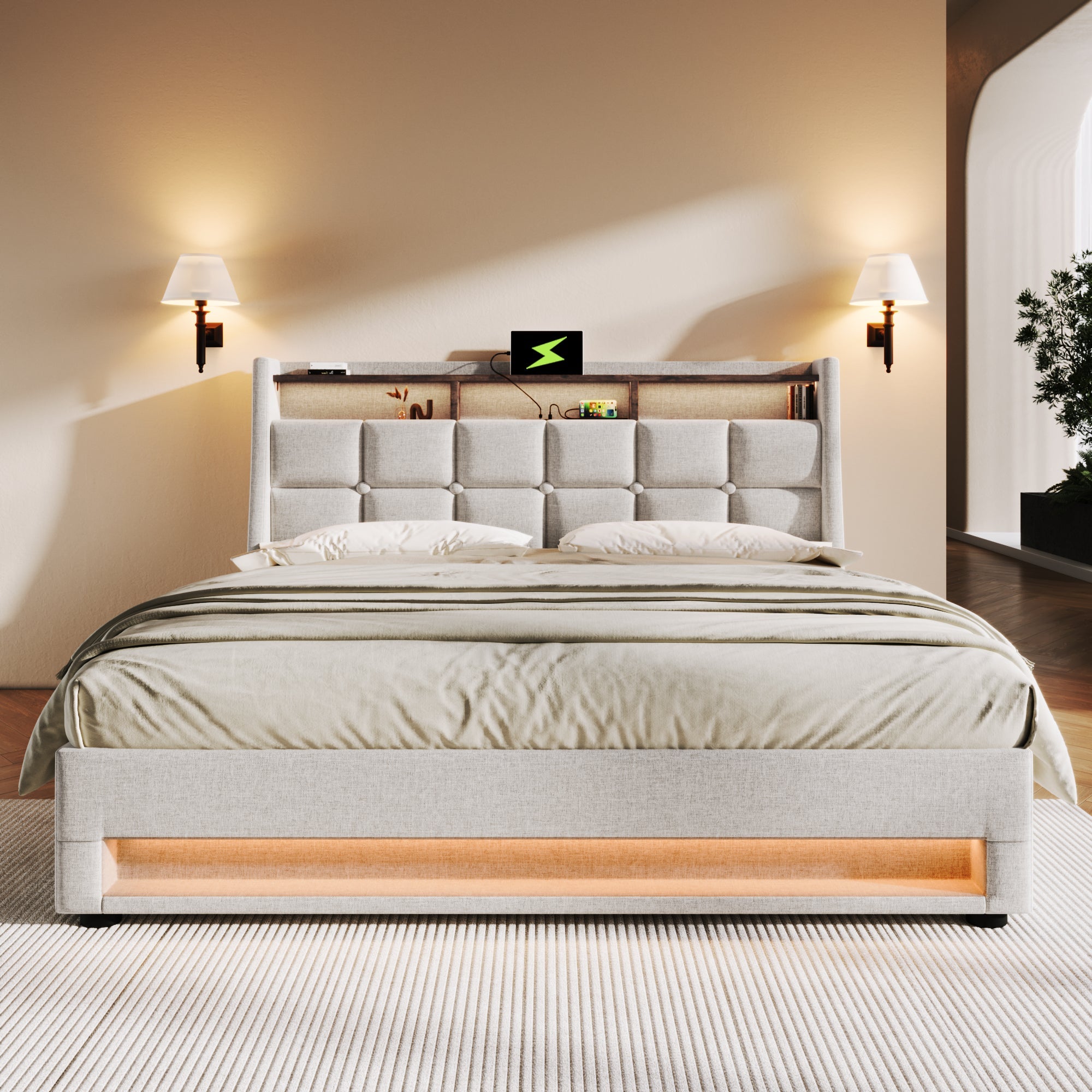 Upholstered Double Bed with USB, LED and Slatted Metal Frame, 180x200cm, Linen